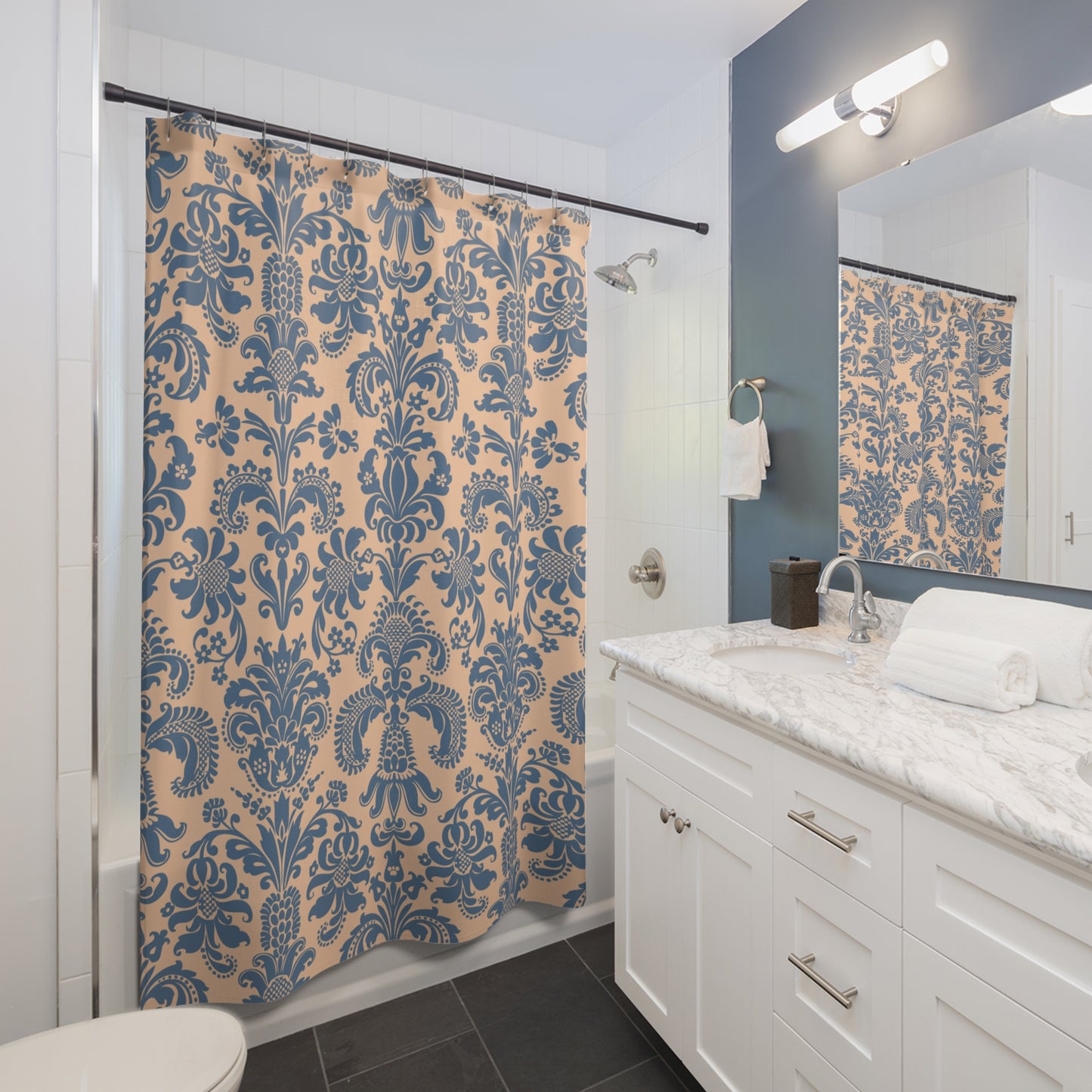 FLORALES BAROCK MUSTER - ELEGANT LUXURIÖSES DESIGN • Duschvorhang 180x200 cm Beige Blau