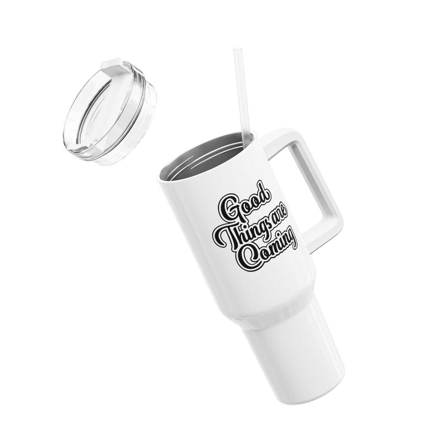 GOOD THINGS ARE COMING • Tumbler mit Henkel & Strohhalm • XXL Reisebecher 1,2L