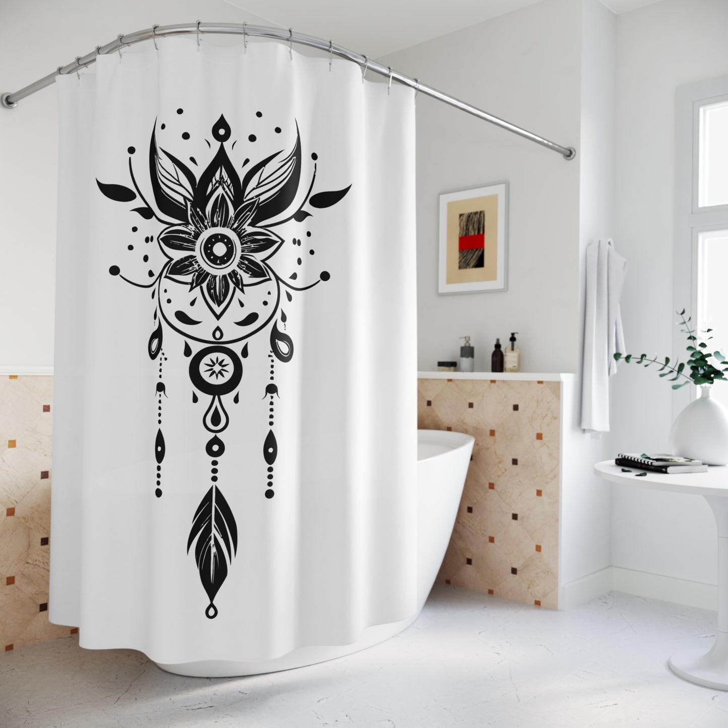 MOND FEDERN INDIANER ORNAMENT • Hochwertiger, Schöner Duschvorhang 180x200 cm Weiss