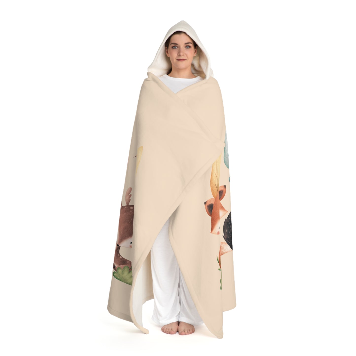 TIER FAMILIE NIEDLICH COMIC • Kapuzen Kuscheldecke Beige Creme • Wohndecke Sherpa 130cm x 180cm