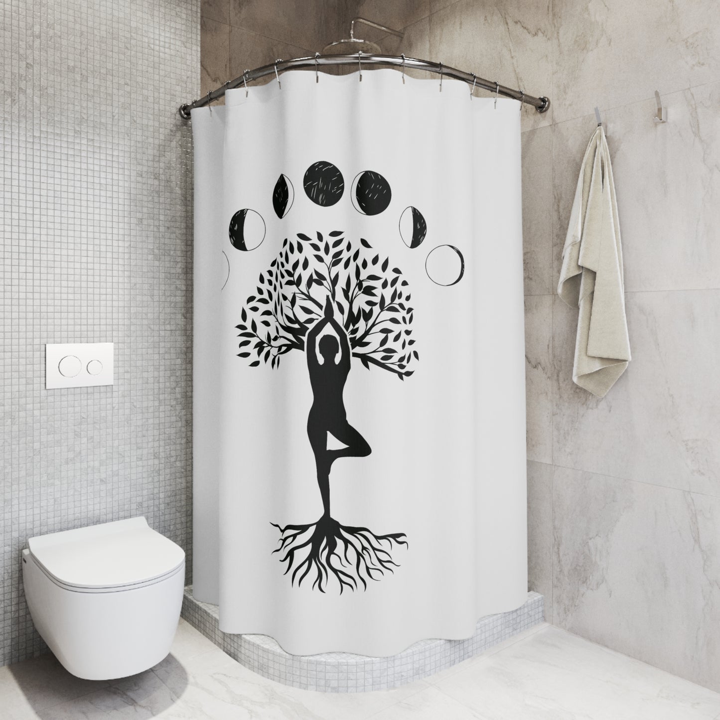 BAUM DES LEBENS MONDPHASEN • Yoga Pose Baum • Duschvorhang 180x200 cm Weiss