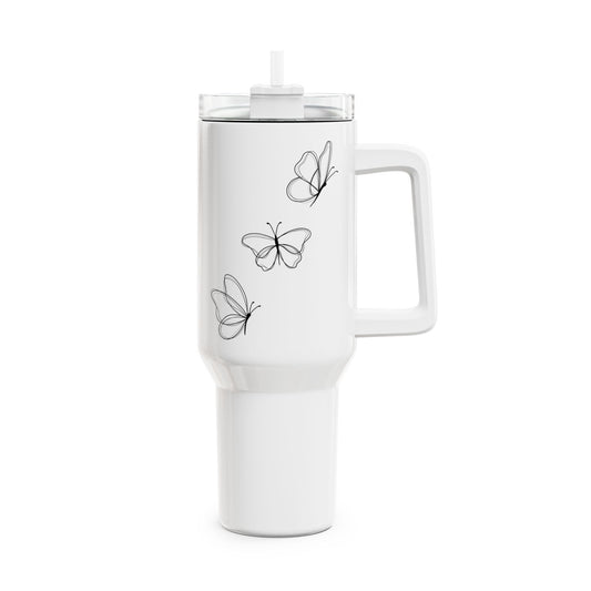 SCHMETTERLINGE EINE-LINIEN-ZEICHNUNG minimalistisches Design • Tumbler mit Henkel & Strohhalm • XXL Reisebecher 1,2L