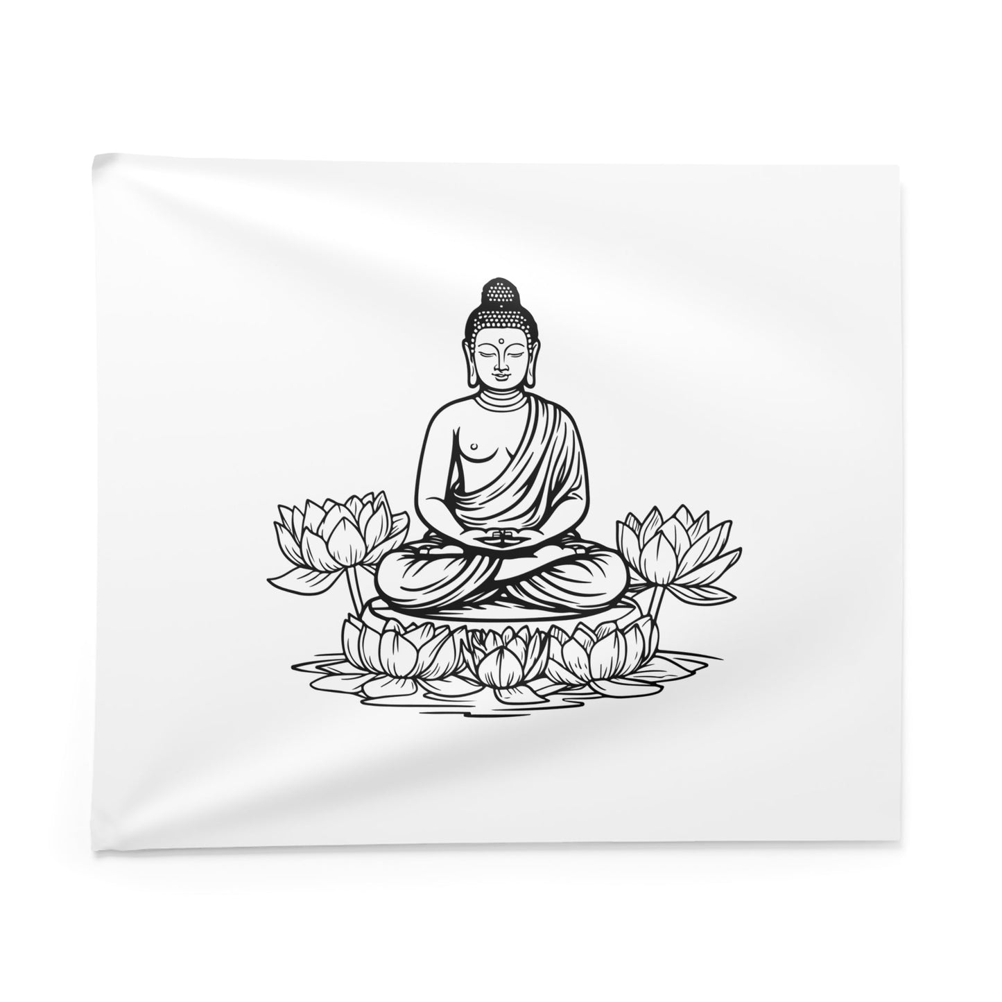 BUDDHA FIGUR zwischen LOTUSBLÜTEN • Wandtuch • Wandttepich Schwarz Weiß • Wanddekor in v. Größen bis XXL