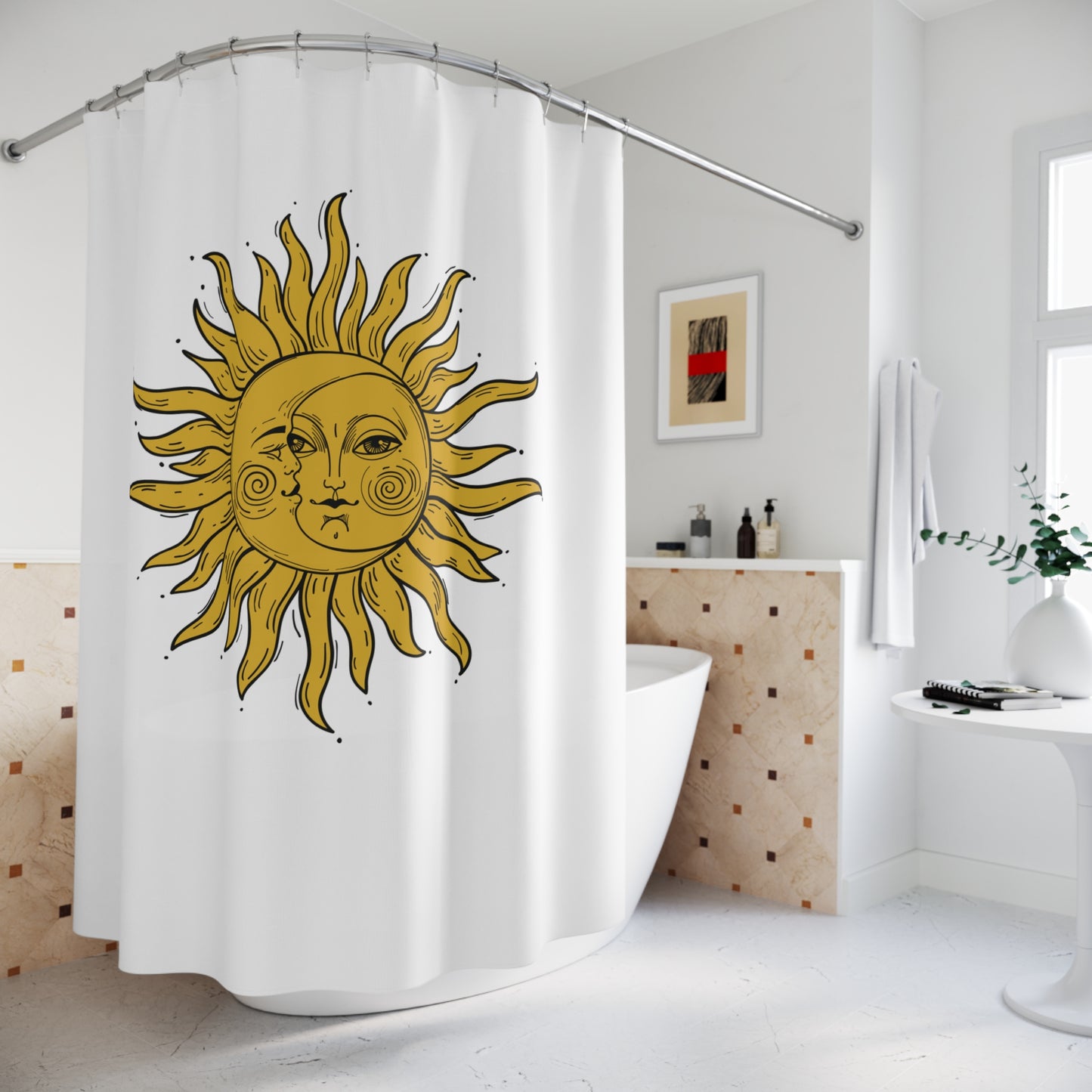 SONNE MOND RETRO CLIPART • Hochwertiger, Schöner Duschvorhang 180x200 cm Weiss