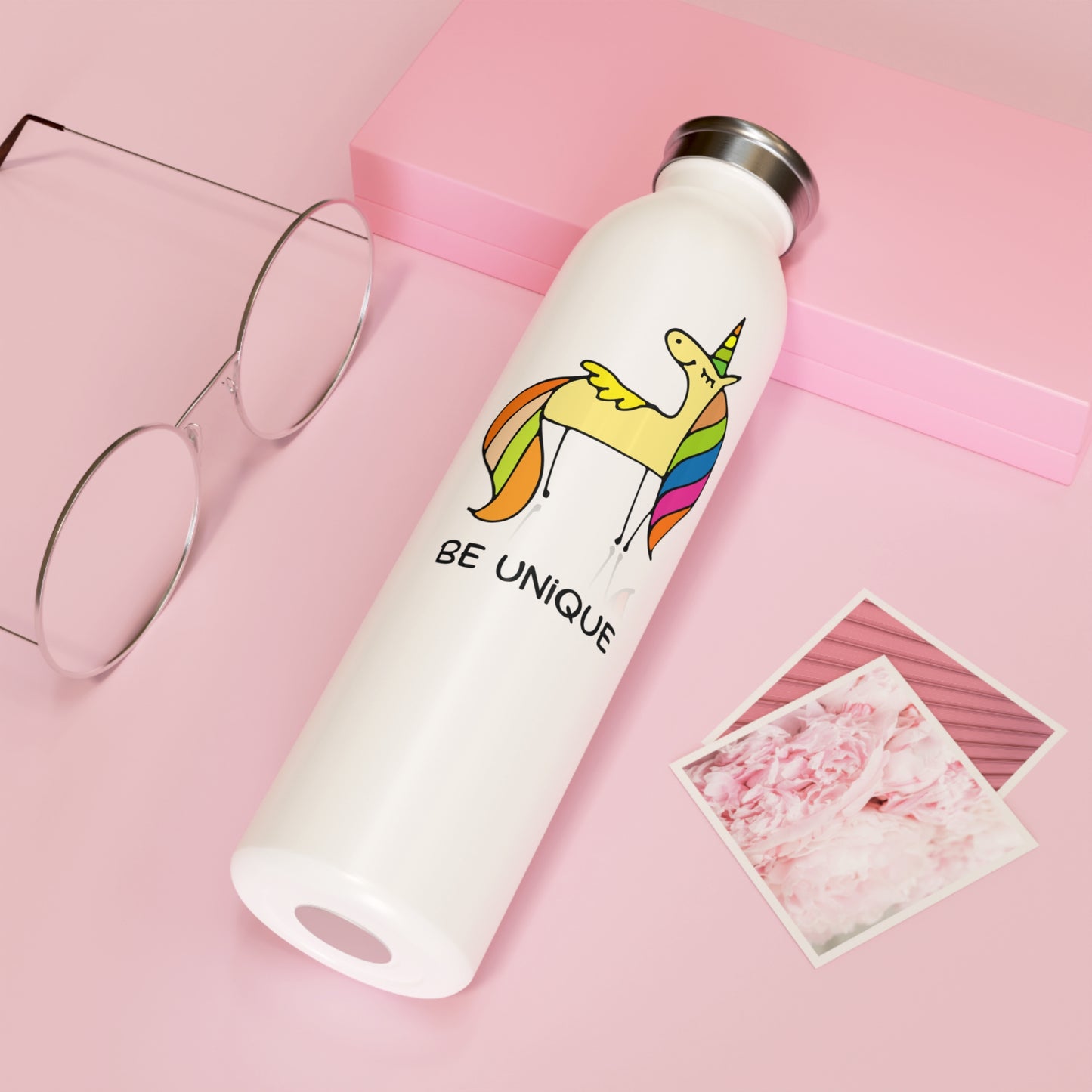 BE UNIQUE • EINHORN MOTIV NIEDLICH SÜßER COMIC • Edelstahl Thermosflasche SLIM • 600 ml
