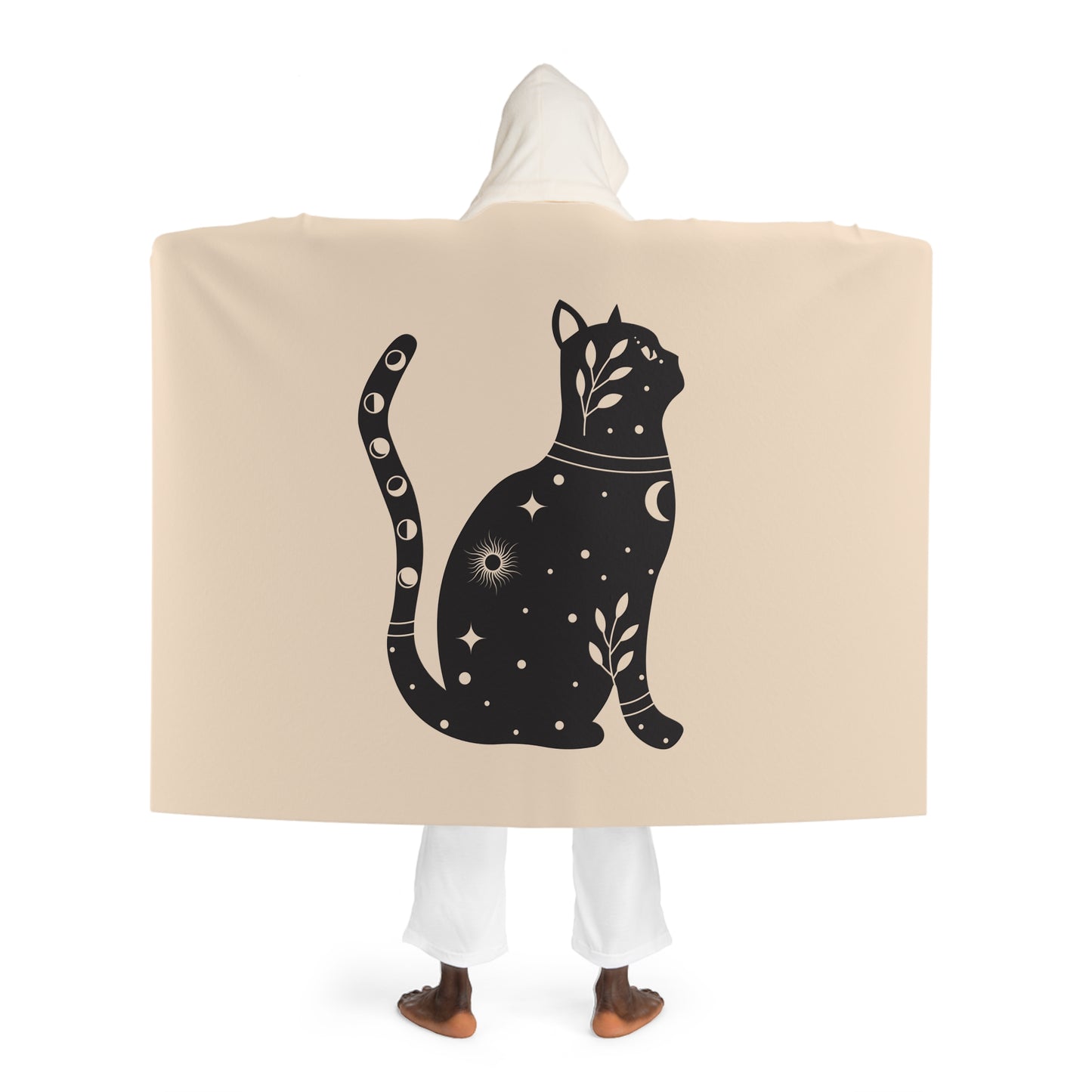 KATZE STERNENHIMMEL MOTIV • Kapuzen Kuscheldecke Beige Creme • Wohndecke Sherpa 130cm x 180cm