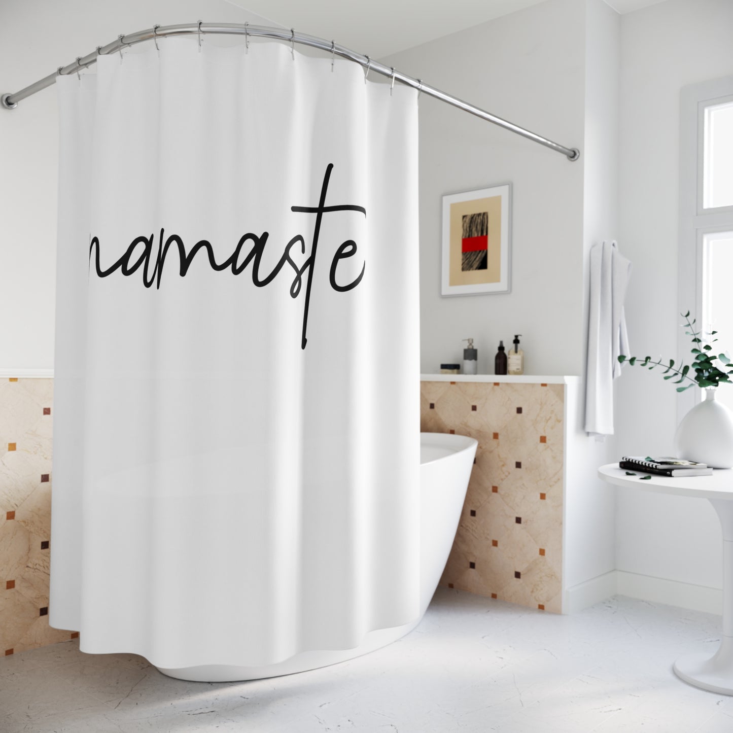 NAMASTE SPRUCH YOGA SCHRIFTZUG • Schöner Duschvorhang 180x200 cm Weiss
