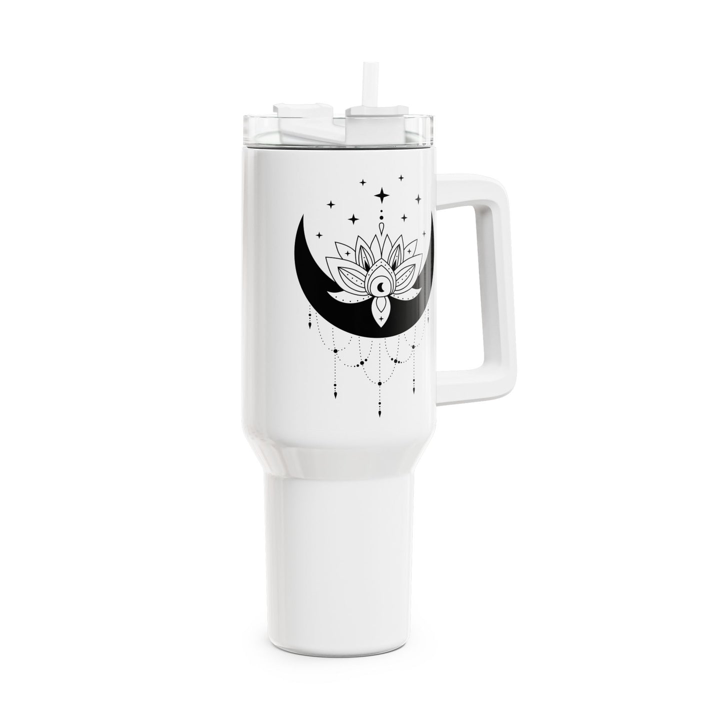 MONDSICHEL LOTUSBLLÜTE STERNENHIMMEL • Tumbler mit Henkel & Strohhalm • XXL Reisebecher 1,2L