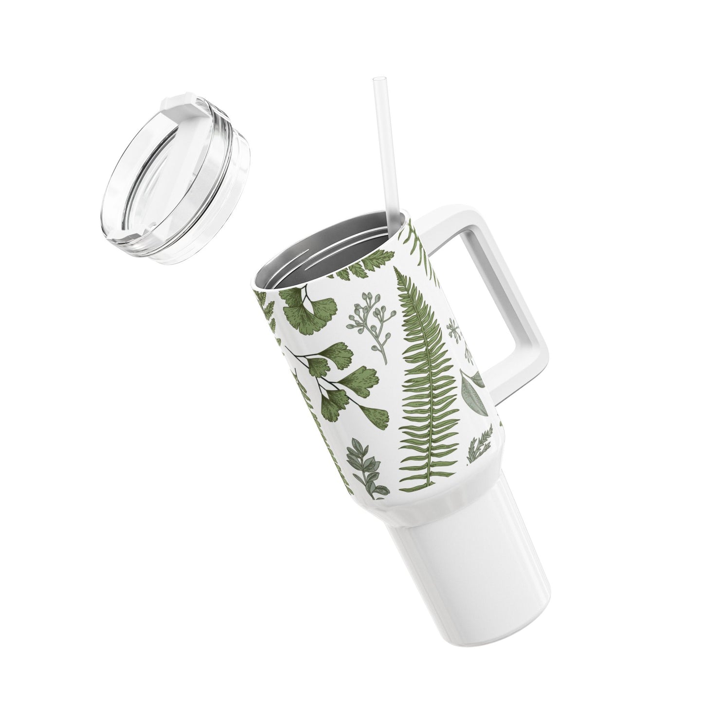 GRÜNE BLÄTTER FARN PFLANZENMOTIV • Tumbler mit Henkel & Strohhalm • XXL Reisebecher 1,2L