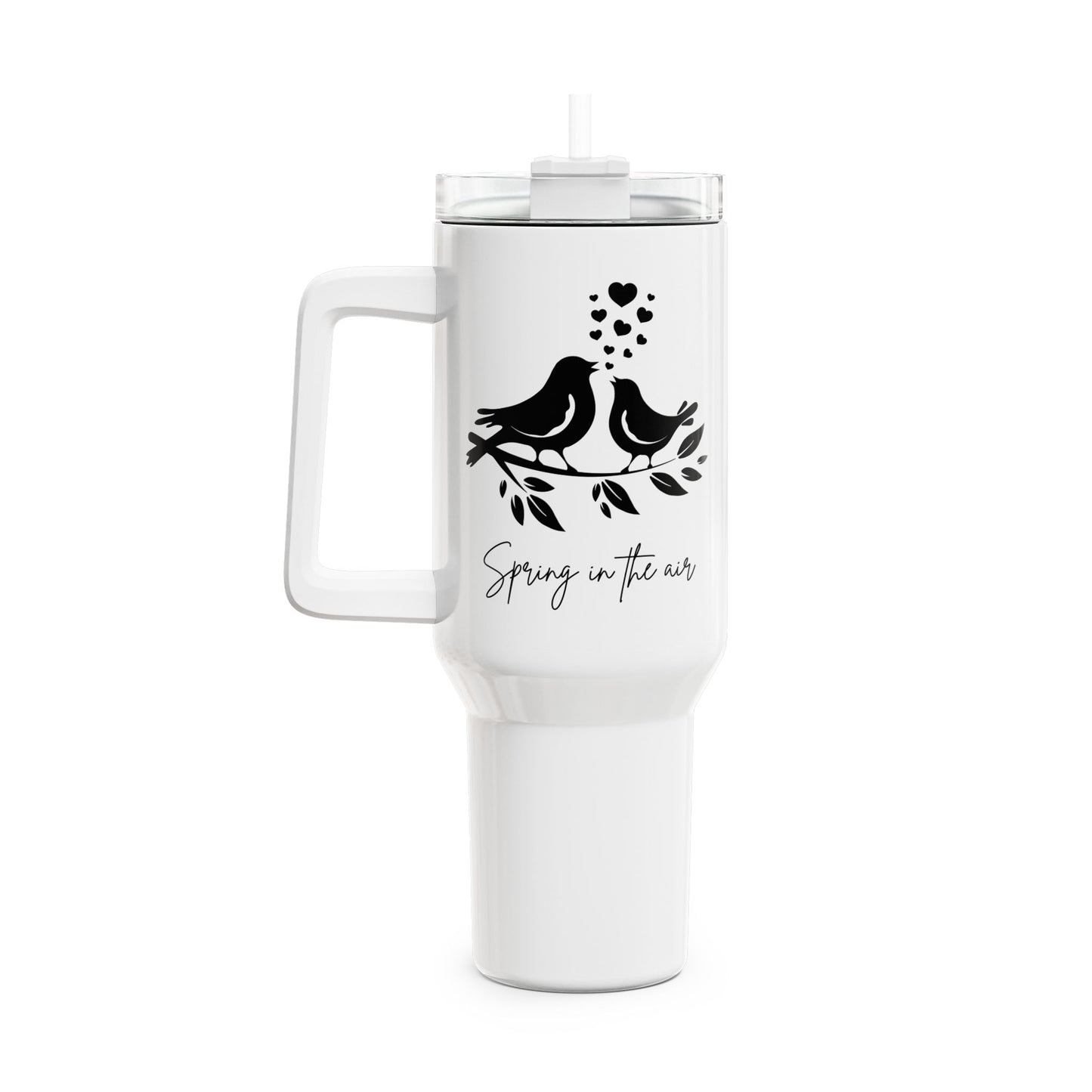 SPRING IS IN THE AIR - VÖGELCHEN VERLIEBT HERZ • Tumbler mit Henkel & Strohhalm • XXL Reisebecher 1,2L
