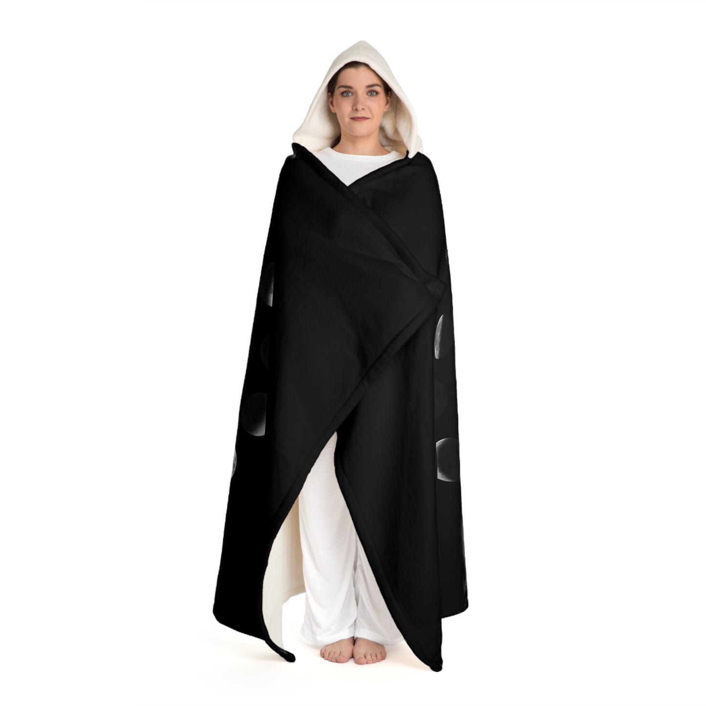 MONDZYKLUS MONDPHASE • Kapuzen Kuscheldecke Schwarz • Wohndecke Sherpa 130cm x 180cm