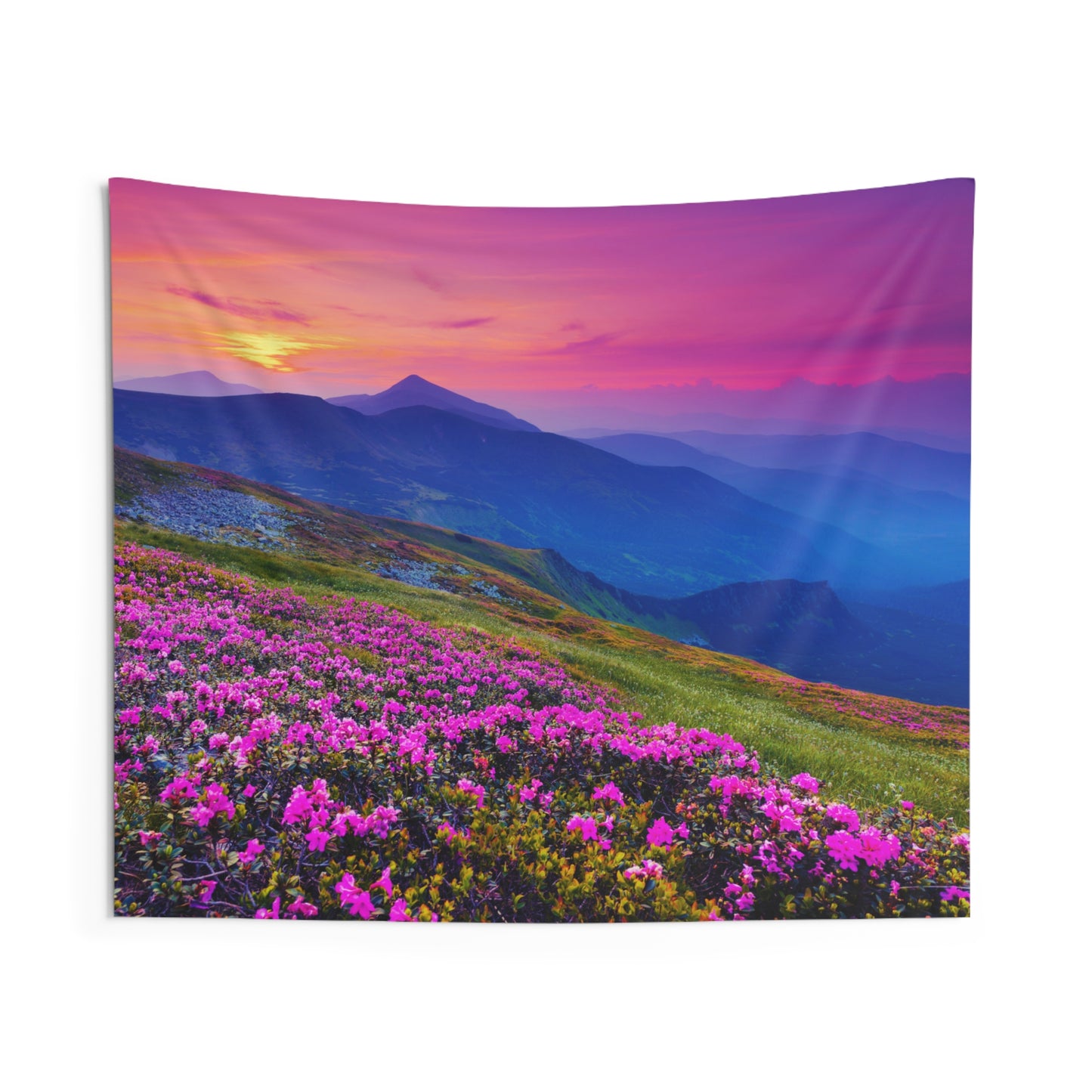 BERGE BLUMENWIESE SONNERNUNTERGANG • Urlaubsmotiv • Wandtuch • Wandttepich Schwarz Weiß • Wanddekor in v. Größen bis XXL