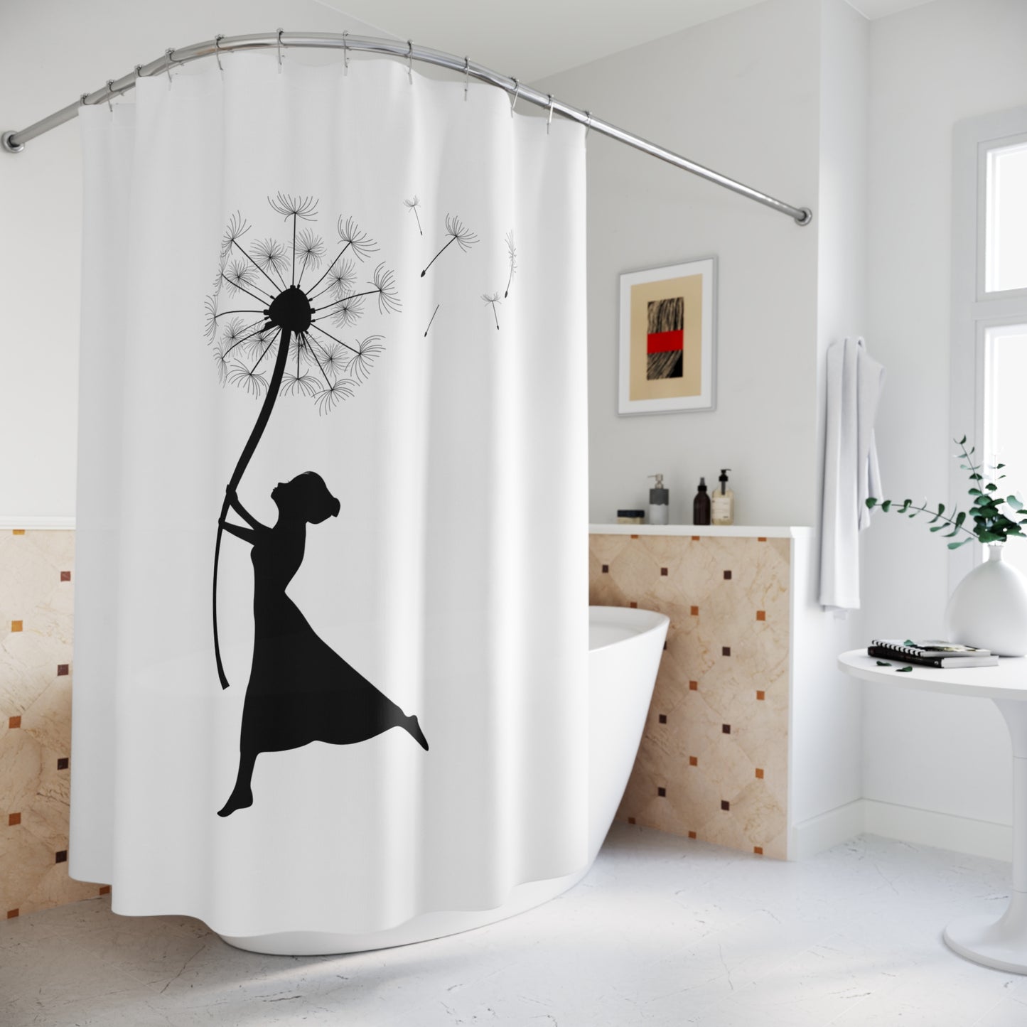 BLUME MIT ELFE COMIC • Hochwertiger, Schöner Duschvorhang 180x200 cm Weiss