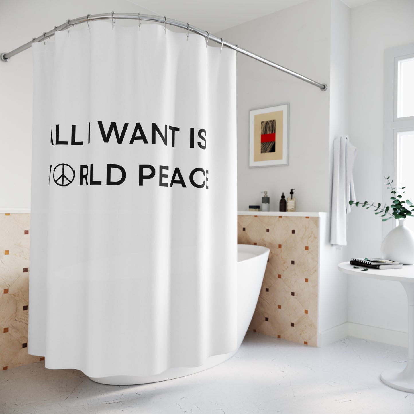 ALL I WANT IS WORLD PEACE - PEACHE ZEICHEN • Hochwertiger, Schöner Duschvorhang 180x200 cm Weiss