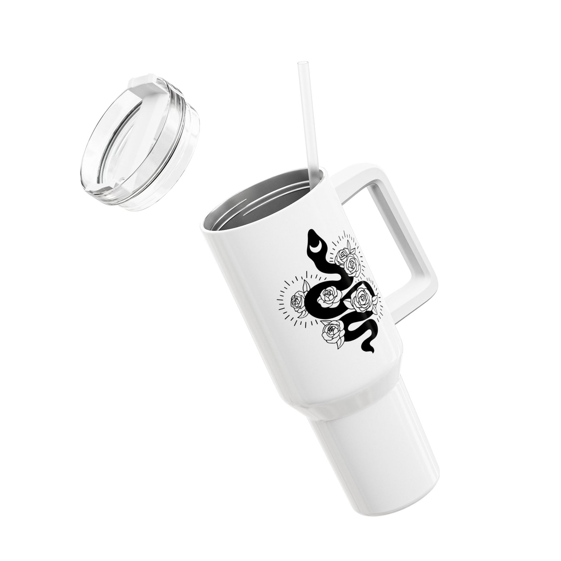 SCHLANGE ROSEN MOND • Spirituelles Motiv Tumbler mit Henkel & Strohhalm • XXL Reisebecher 1,2L - YOGA SANTA