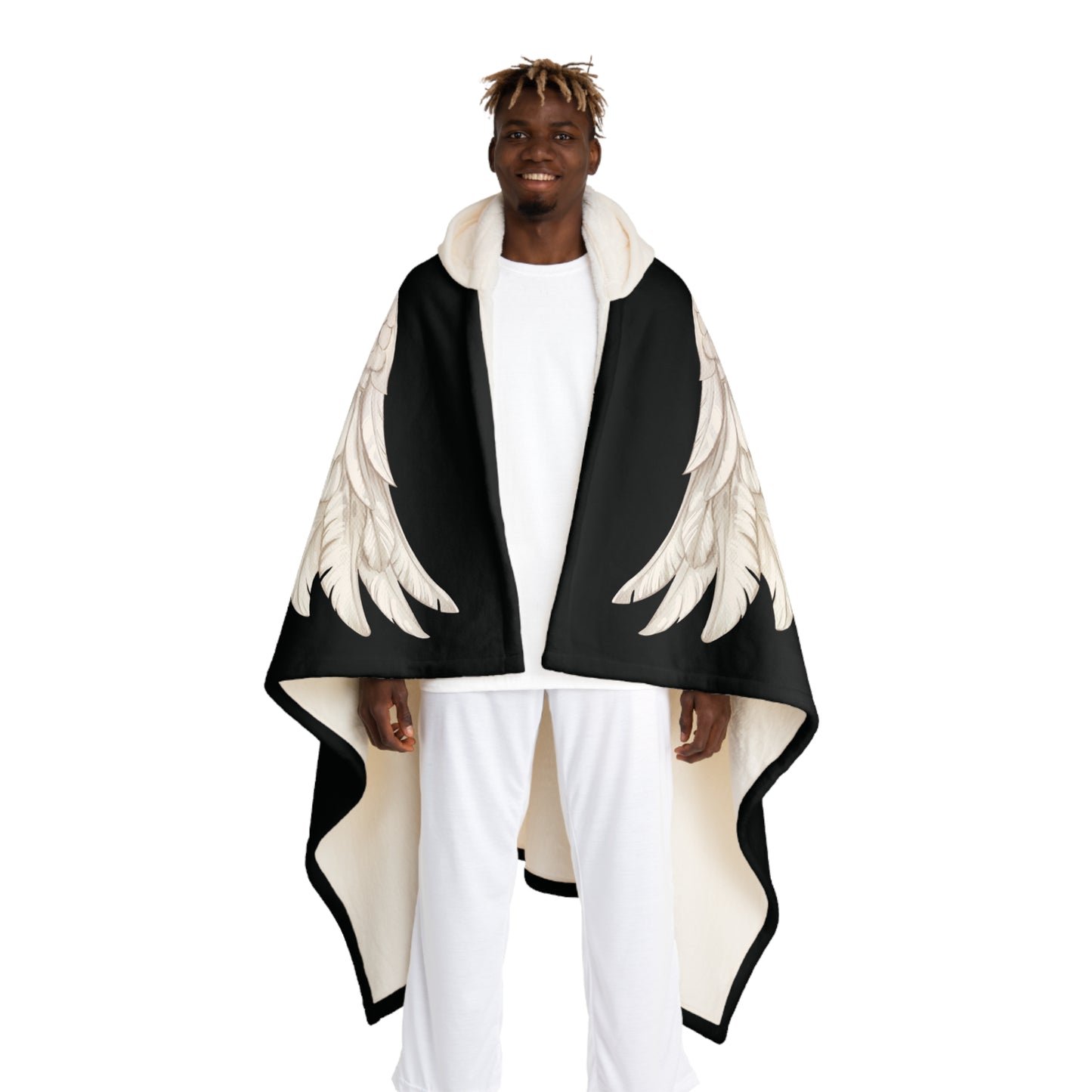 ENGELSFLÜGEL Federn • Kapuzen Kuscheldecke Schwarz • Wohndecke Sherpa 130cm x 180cm