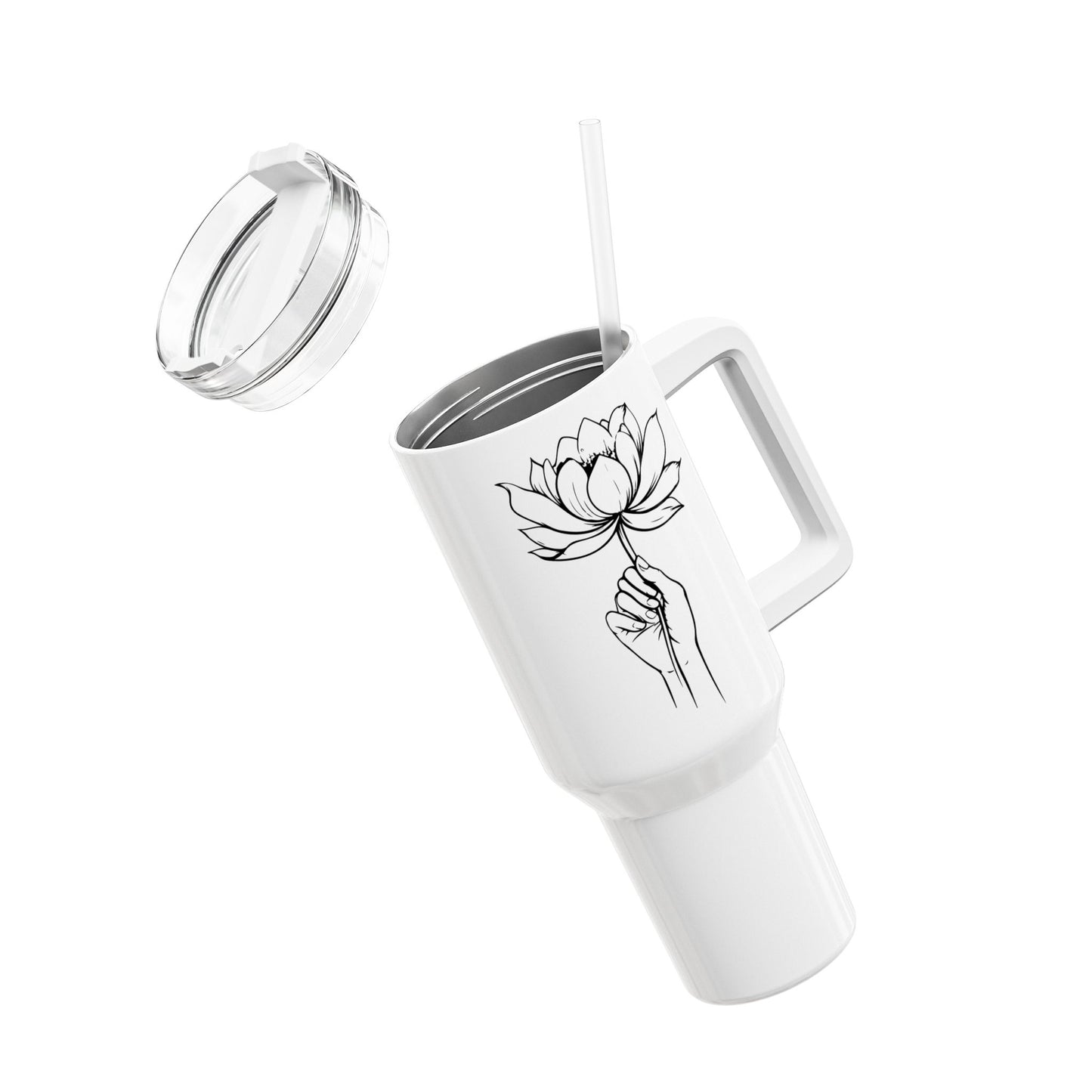 LOTUSBLÜTEN ZEICHNUNG IN HAND • Tumbler mit Henkel & Strohhalm • XXL Reisebecher 1,2L