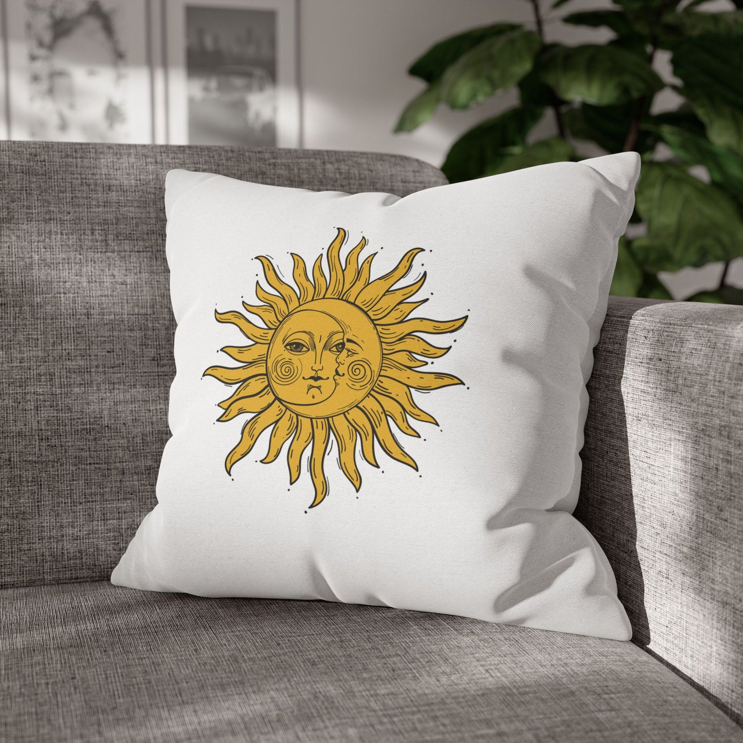 SONNE MOND VINTAGE ZEICHNUNG • Deko Kissenbezug mit Reißverschluss Quadratisch Weiß