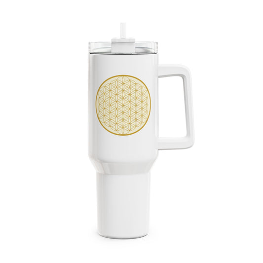 BLUME DES LEBENS GOLDGELB • Tumbler mit Henkel & Strohhalm • XXL Reisebecher 1,2L - YOGA SANTA