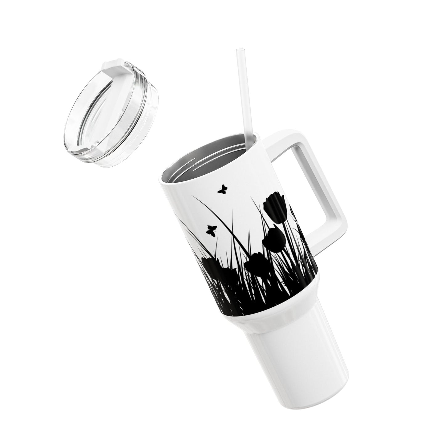 MOHNBLUMEN WIESE SCHMETTERLINGE • Tumbler mit Henkel & Strohhalm • XXL Reisebecher 1,2L