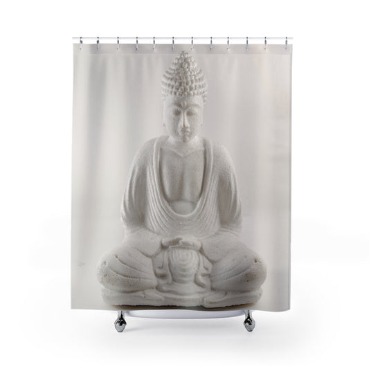BUDDHA STATUE • Hochwertiger, Schöner Duschvorhang 180x200 cm CremeWeiss