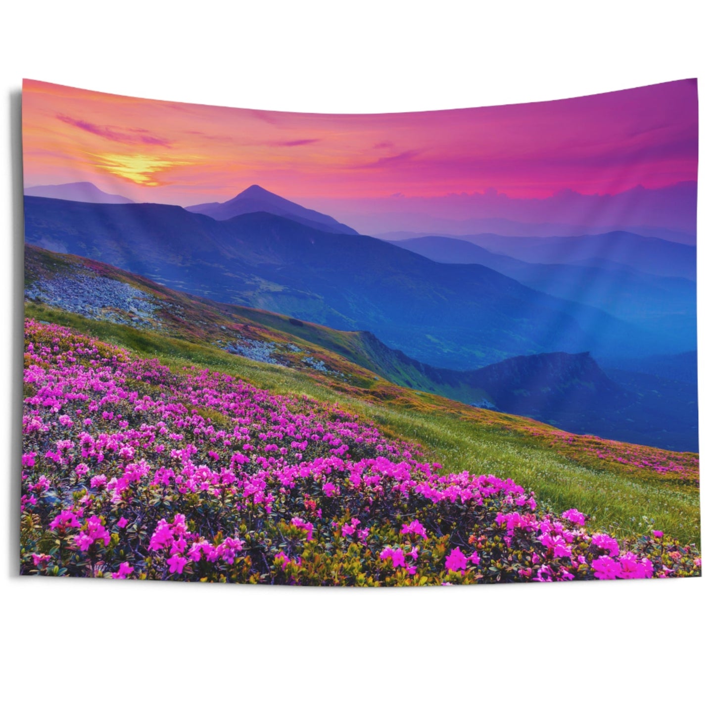 BERGE BLUMENWIESE SONNERNUNTERGANG • Urlaubsmotiv • Wandtuch • Wandttepich Schwarz Weiß • Wanddekor in v. Größen bis XXL
