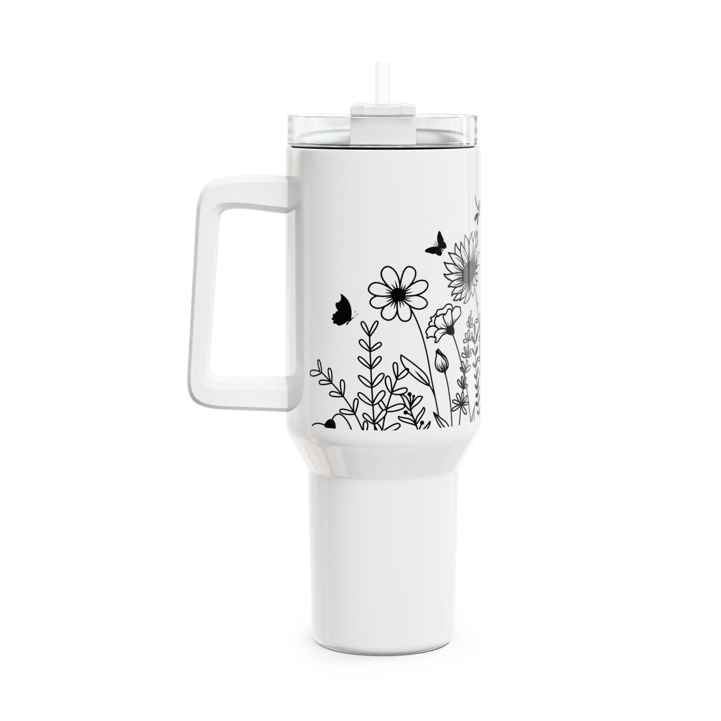 SÜßE SCHMETTERLINGE IN BLUMENWIESE • Tumbler mit Henkel & Strohhalm • XXL Reisebecher 1,2L