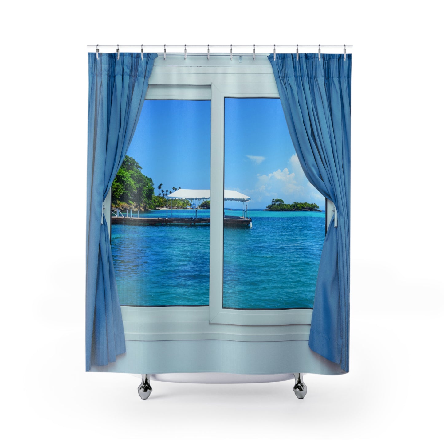 MEER SOMMER • Fensterblick • Urlaubsmotiv • Duschvorhang 180x200 cm Weiss