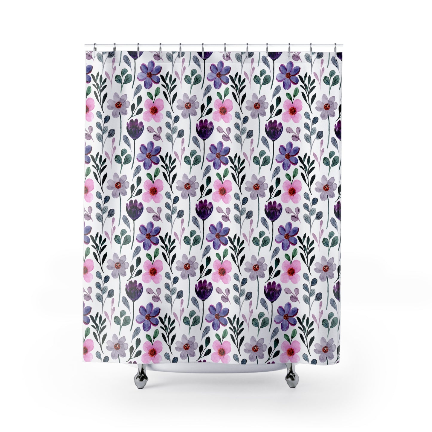 BLUMENMUSTER LILA ROSA • Hochwertiger, Schöner Duschvorhang 180x200 cm Weiss