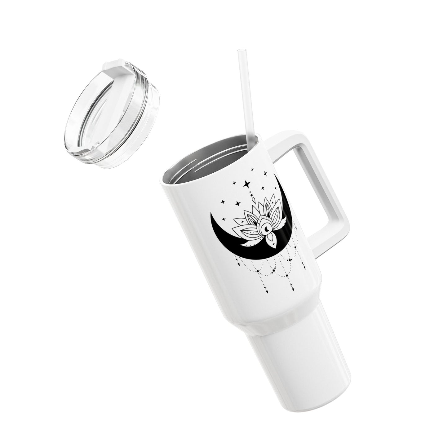 MONDSICHEL LOTUSBLLÜTE STERNENHIMMEL • Tumbler mit Henkel & Strohhalm • XXL Reisebecher 1,2L