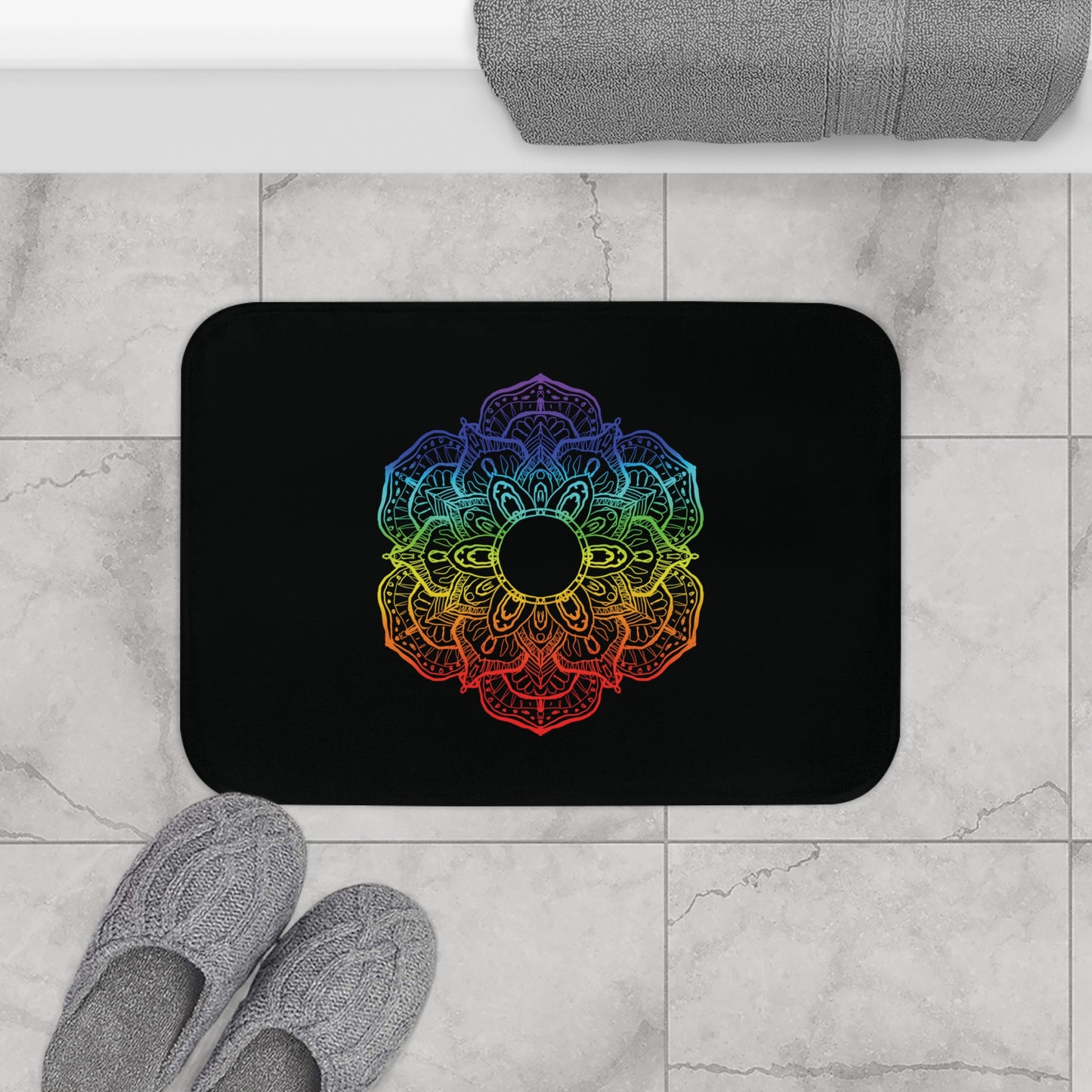 MANDALA BLUME BUNT REGENBOGEN - SPIRITUELLES MOTIV • Badvorleger Weiss / Fussmatte / Badteppich EXTRA Weich • 43 x 61 cm & 53 x 86 cm