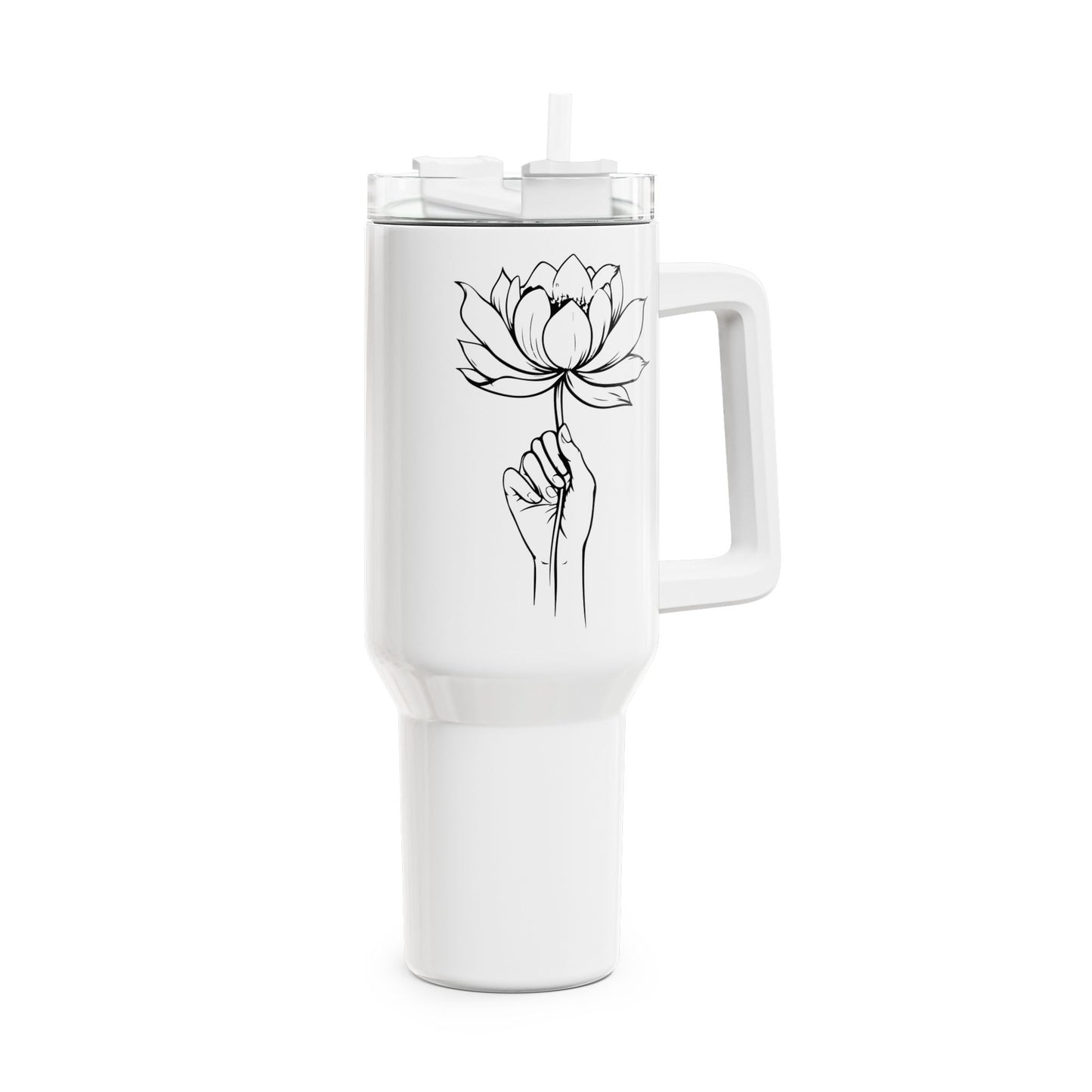 LOTUSBLÜTEN ZEICHNUNG IN HAND • Tumbler mit Henkel & Strohhalm • XXL Reisebecher 1,2L