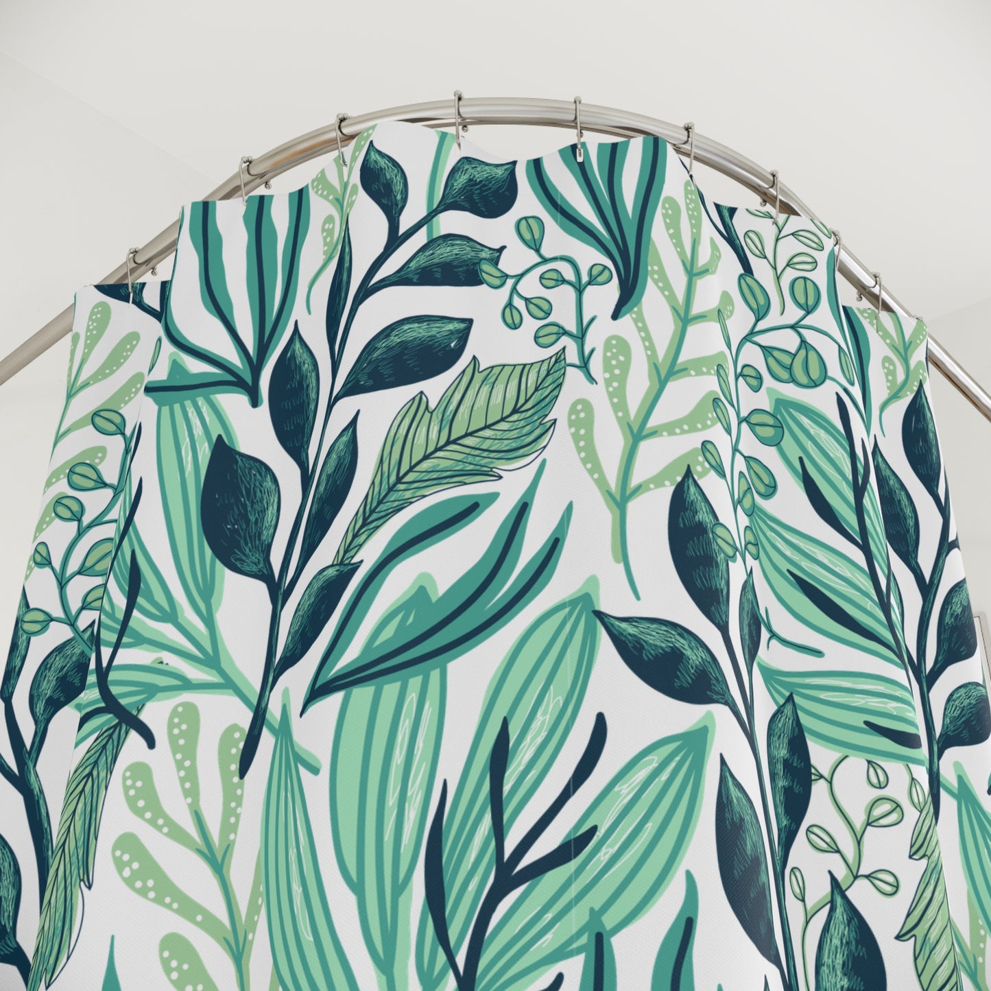 GRÜNE BLÄTTER FLORAL • Hochwertiger, Schöner Duschvorhang 180x200 cm Türkis Weiß