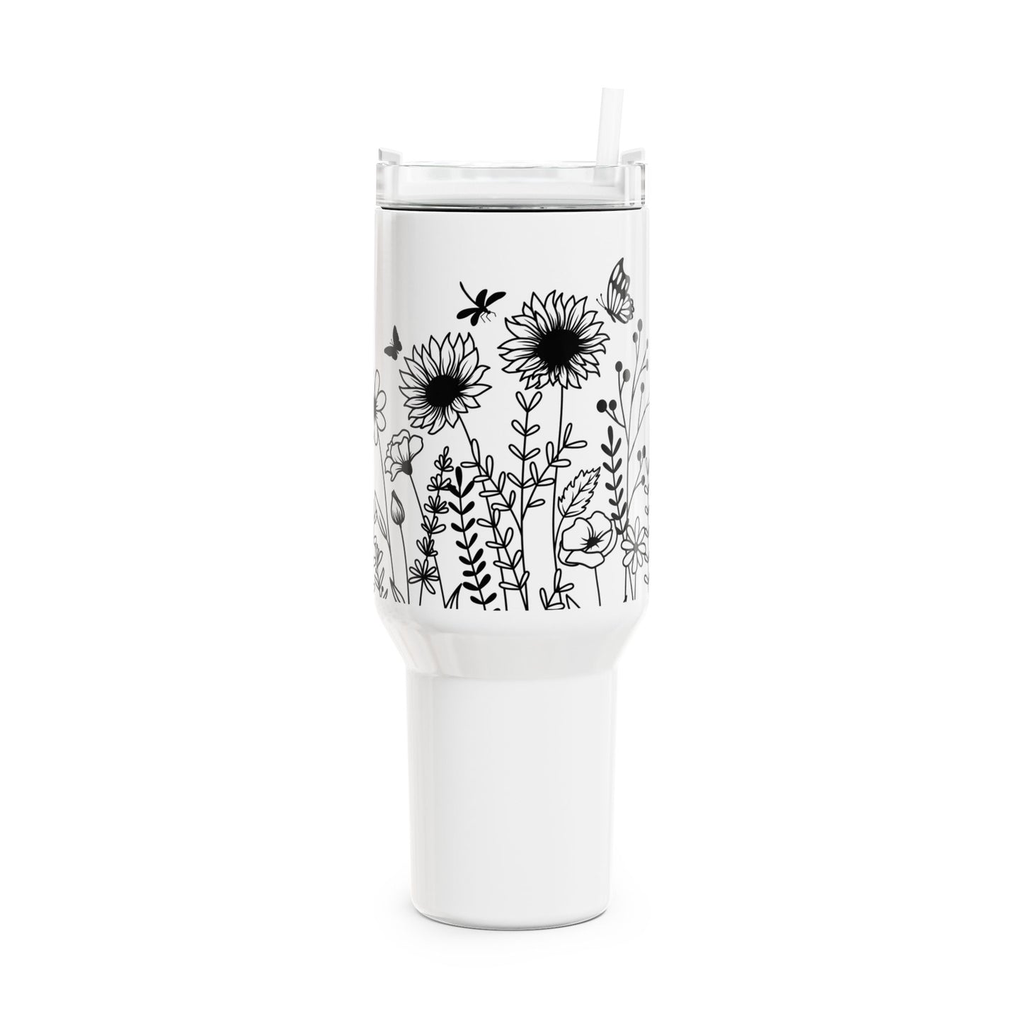 SÜßE SCHMETTERLINGE IN BLUMENWIESE • Tumbler mit Henkel & Strohhalm • XXL Reisebecher 1,2L