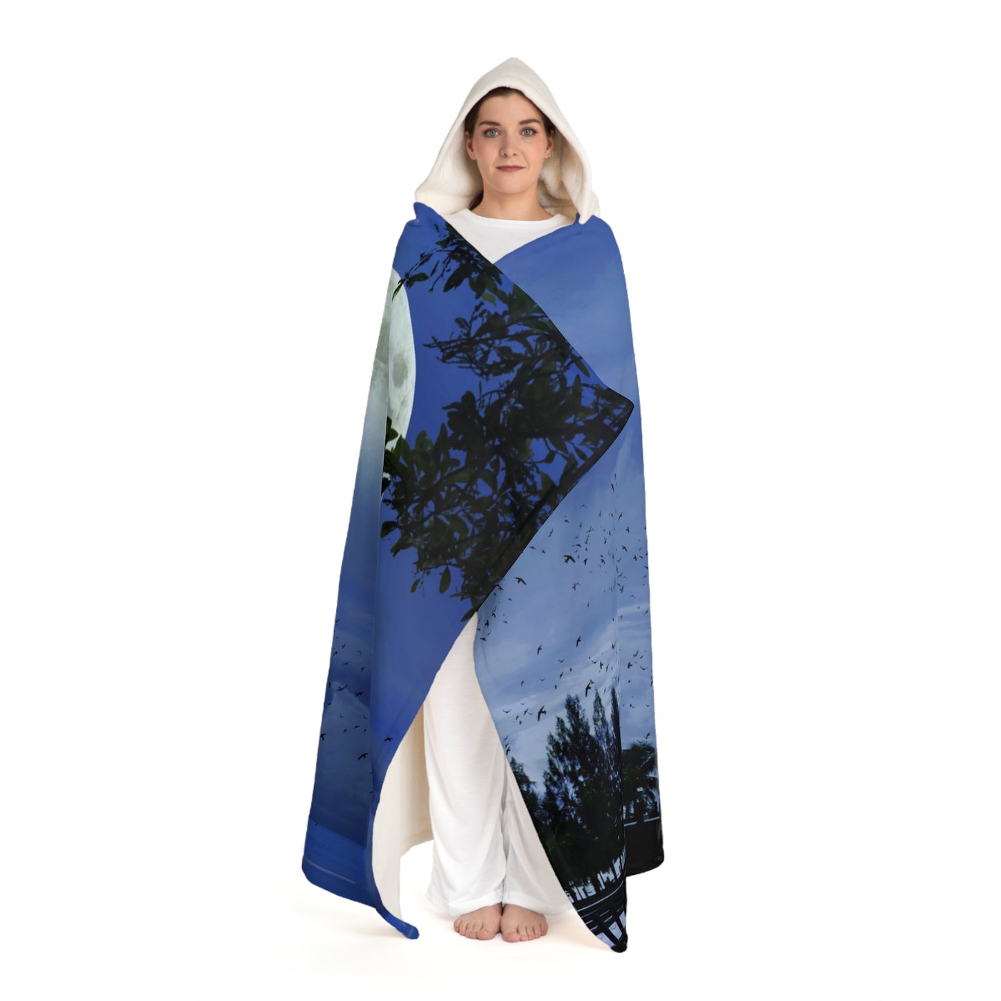 MOND HIMMEL BÄUME • Kapuzen Kuscheldecke Blau • Wohndecke Sherpa 130cm x 180cm