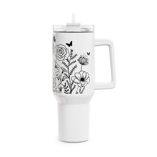 SCHMETTERLINGS WIESE BLUMEN MUSTER • Tumbler mit Henkel & Strohhalm • XXL Reisebecher 1,2L
