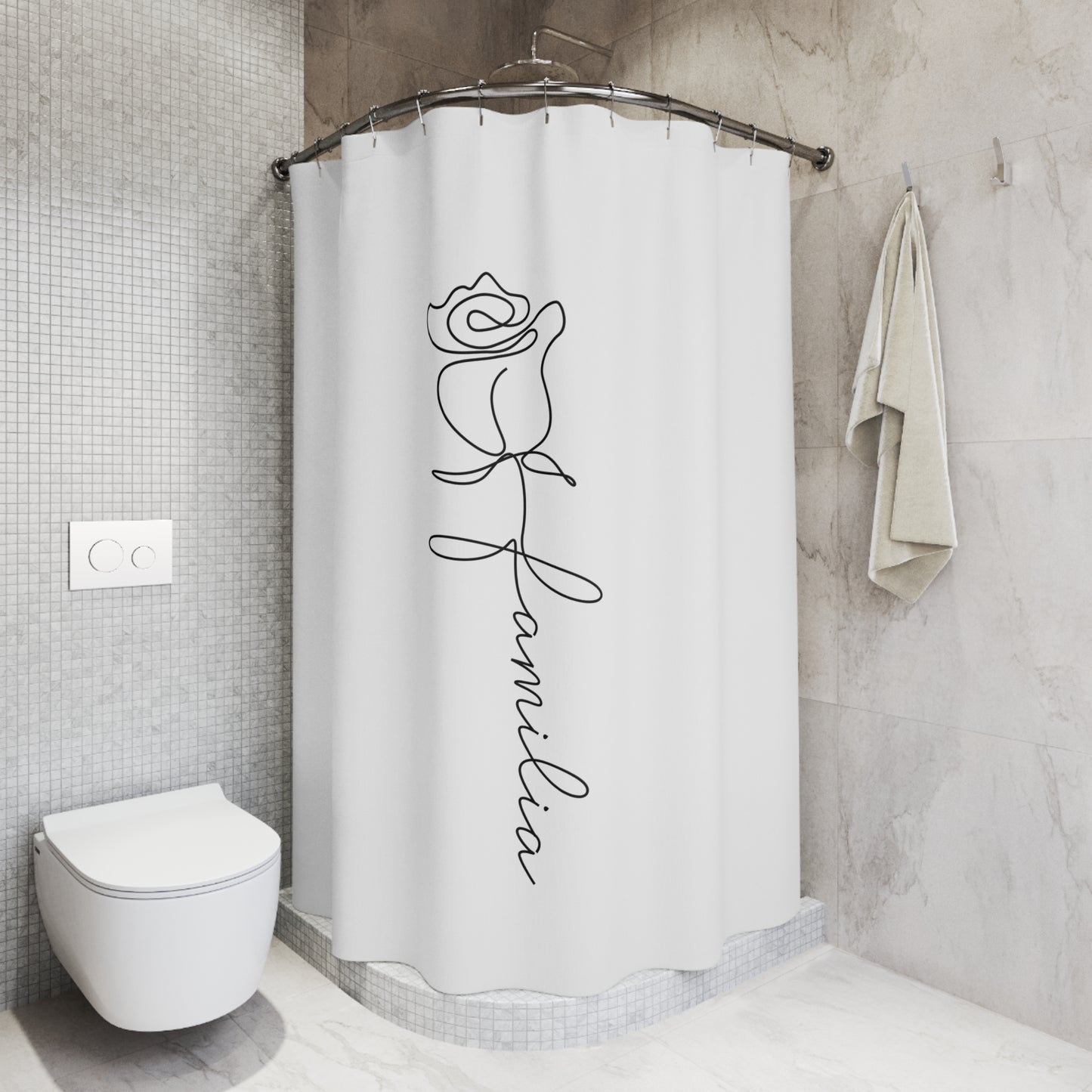 ROSE FAMILIA SCHRIFTZUG • Hochwertiger, Schöner Duschvorhang 180x200 cm Weiss