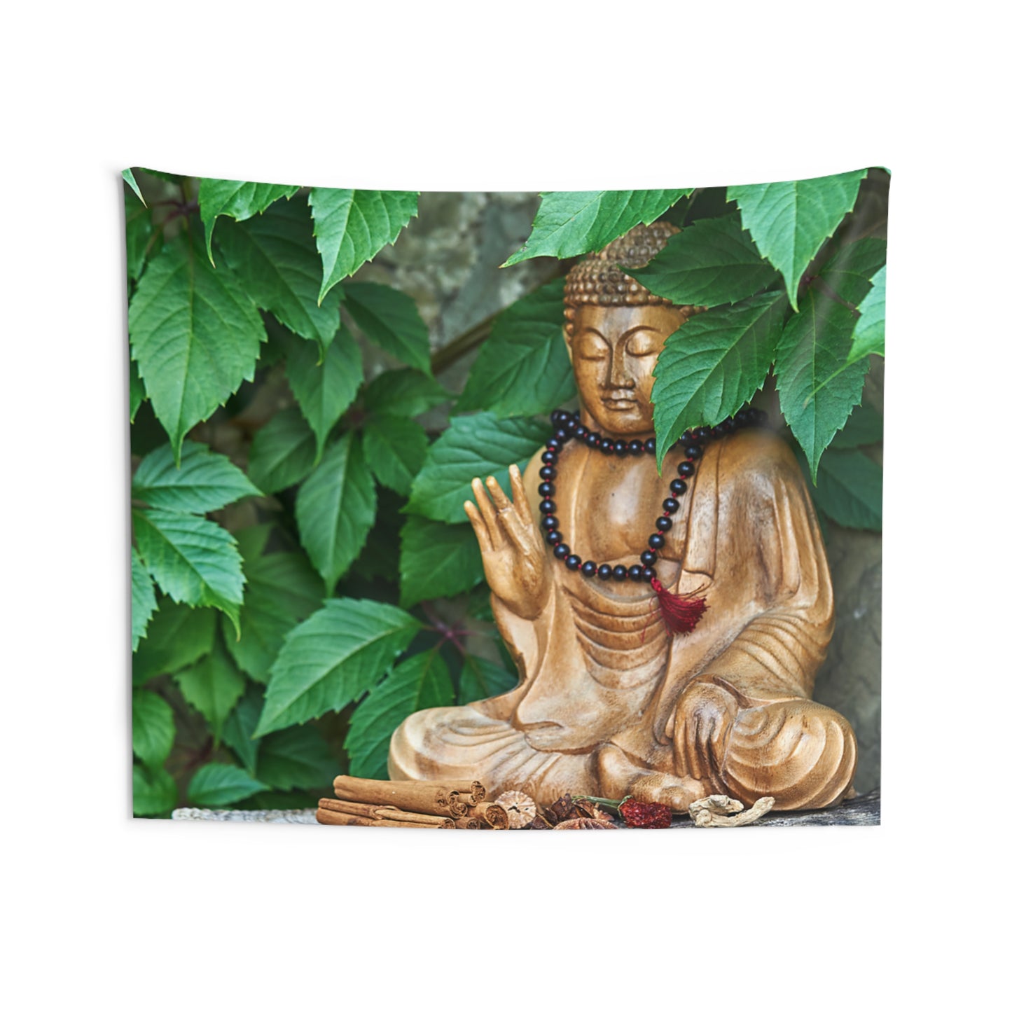 BUDDHAFIGUR GOLD GRÜNE BLÄTTER • Wandtuch • Wandttepich • Wanddekor in v. Größen bis XXL