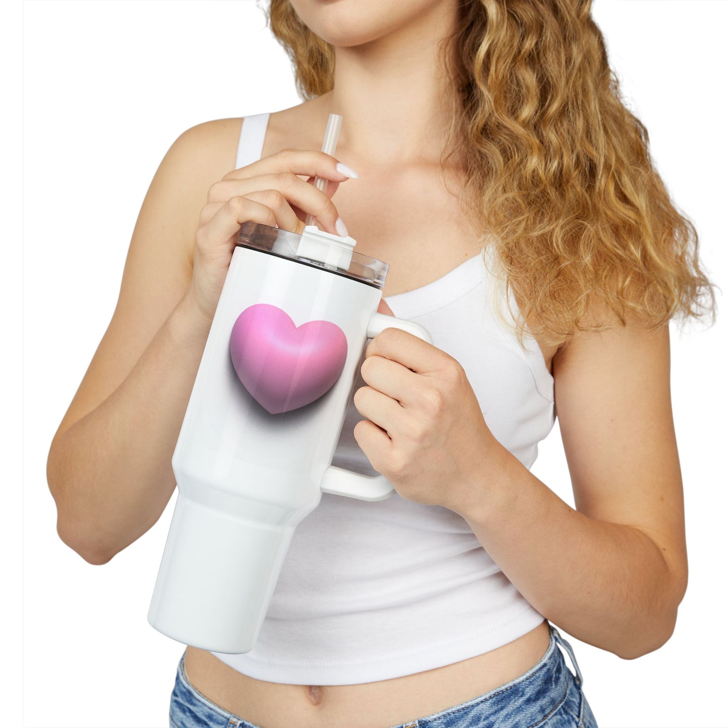 HERZ PINK ROSA PASTELL 3D Illusion  • Tumbler mit Henkel & Strohhalm • XXL Reisebecher 1,2L