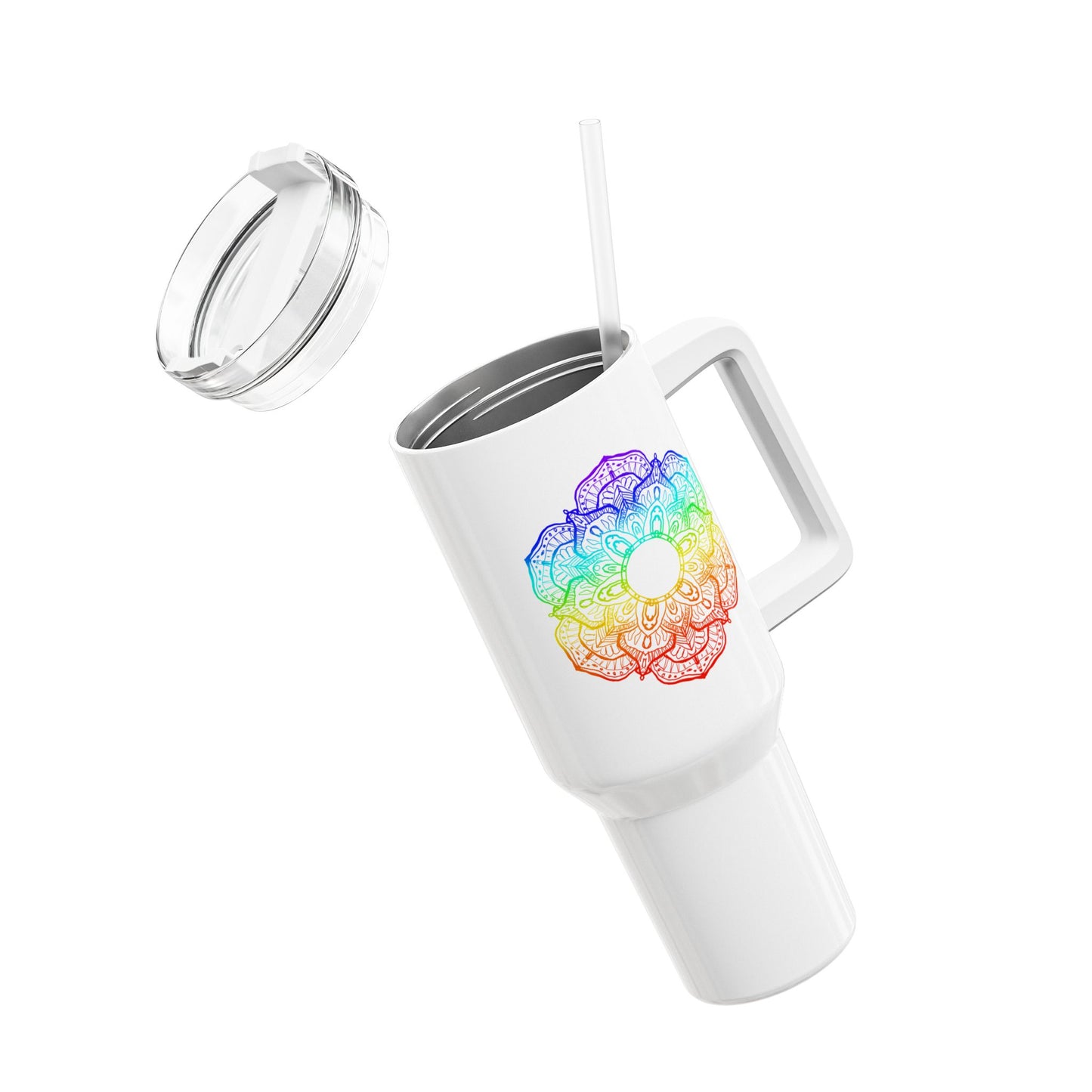 MANDALA BLUME REGENBOGEN FARBEN BUNT • Tumbler mit Henkel & Strohhalm • XXL Reisebecher 1,2L