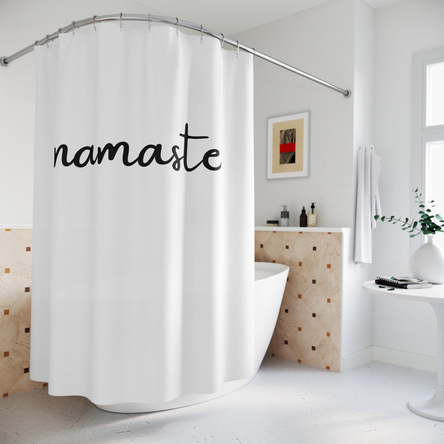 NAMASTE SPRUCH SCHRIFTZUG • Hochwertiger, Schöner Duschvorhang 180x200 cm Weiss