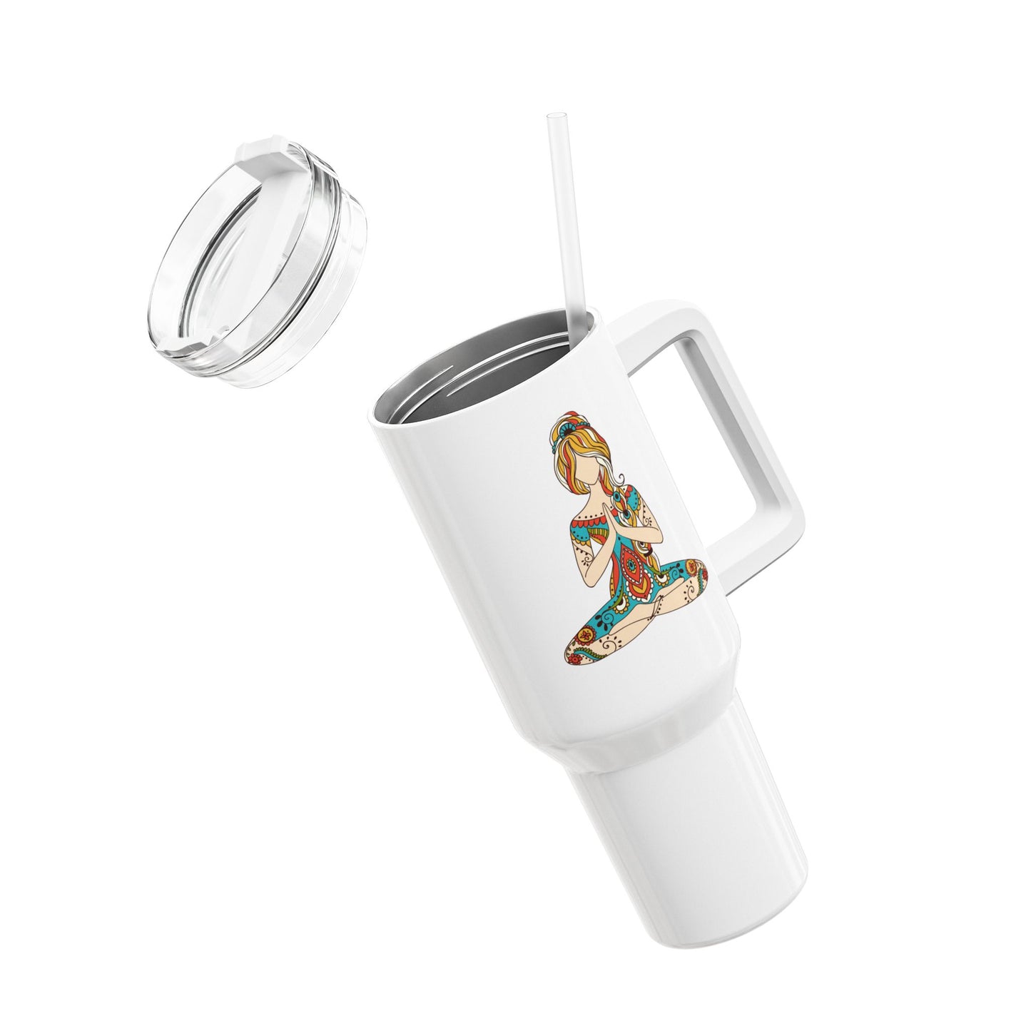 SCHÖNE YOGI FRAU MEDITATIONSPOSE • Tumbler mit Henkel & Strohhalm • XXL Reisebecher 1,2L - YOGA SANTA