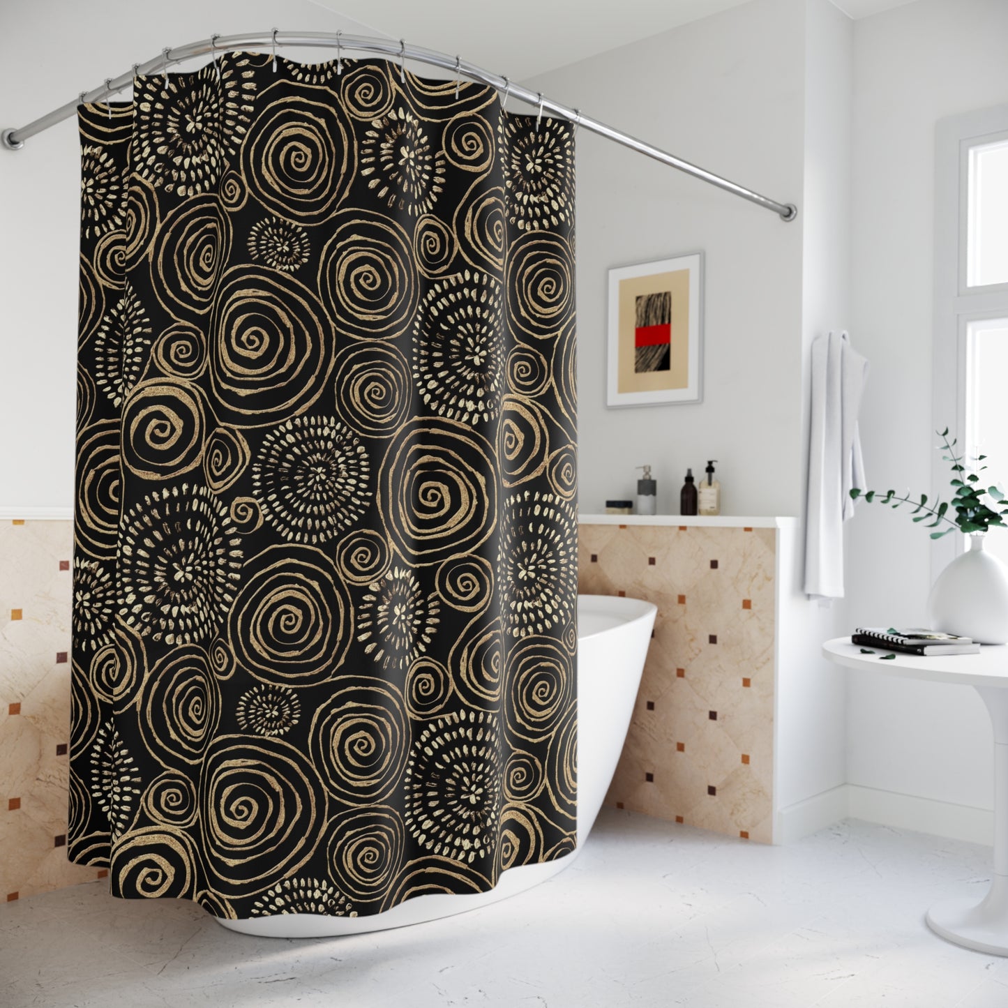 GOLDENE SPIRALEN  • Hochwertiger, Schöner Duschvorhang 180x200 cm Schwarz