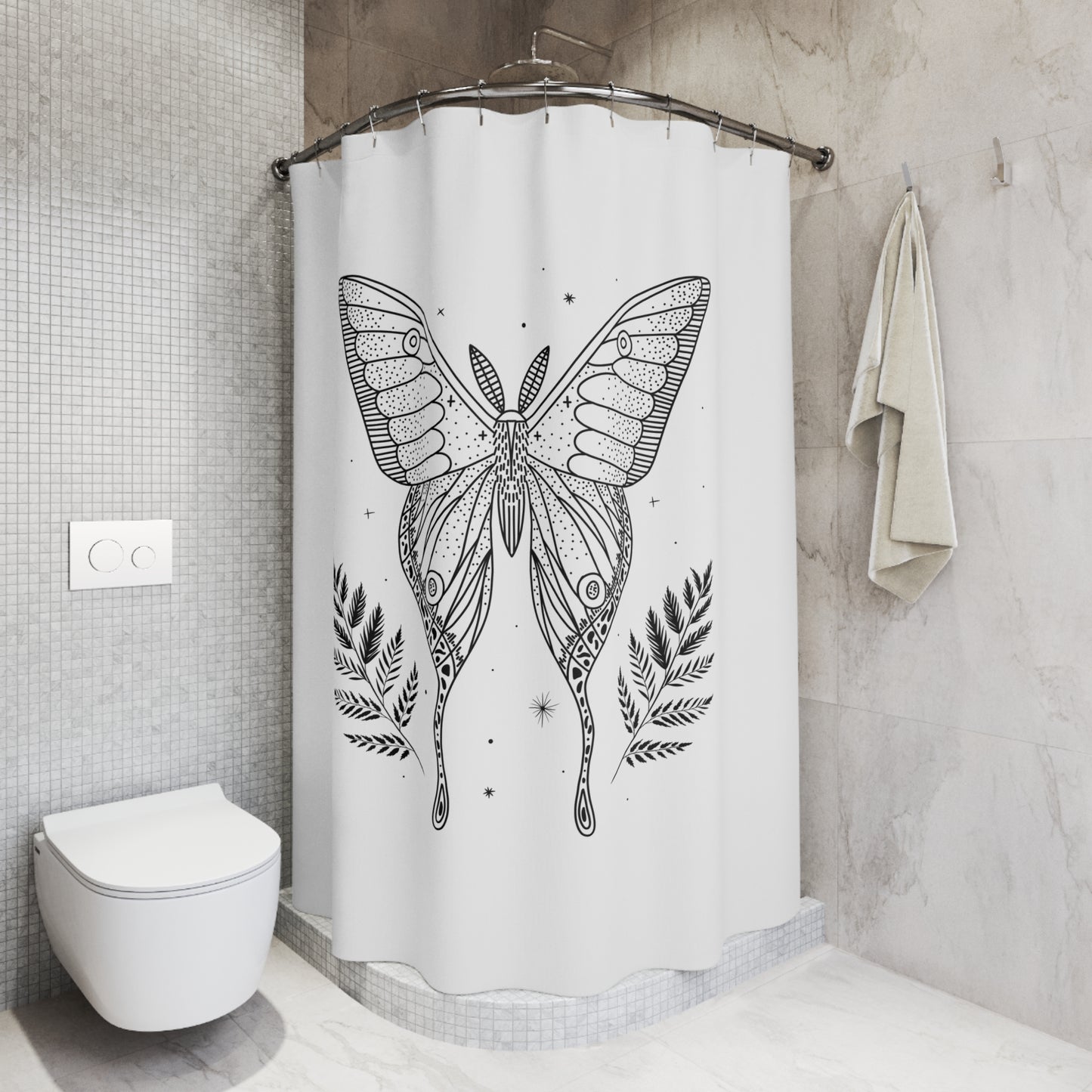 SCHMETTERLING ZEICHNUNG ELEGANT • Hochwertiger, Schöner Duschvorhang 180x200 cm Weiss