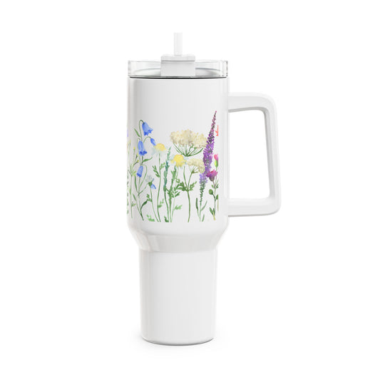 BLUMEN HANDGEMALTES DESIGN • Tumbler mit Henkel & Strohhalm • XXL Reisebecher 1,2L