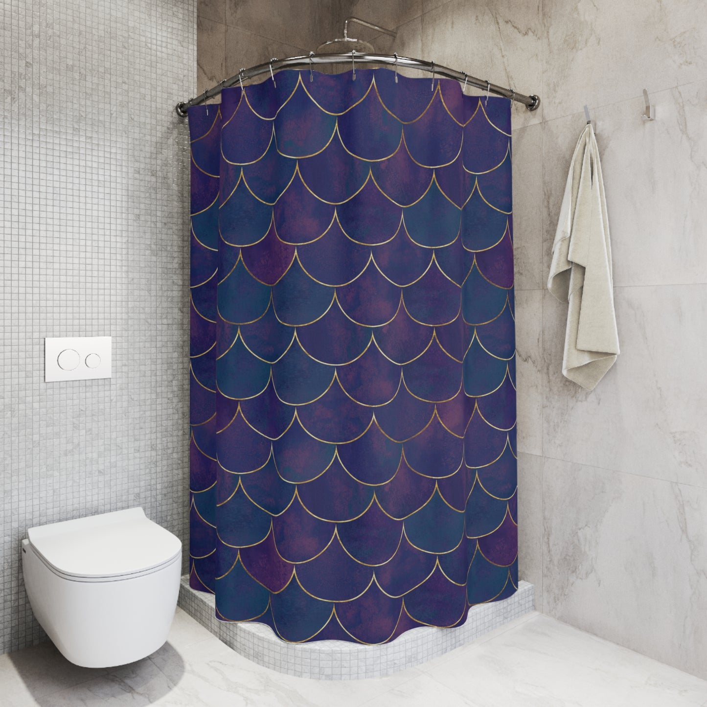 LILA GOLD FISCHSCHUPPEN MUSTER VIOLET BLAU • Duschvorhang 180x200 cm Weiss