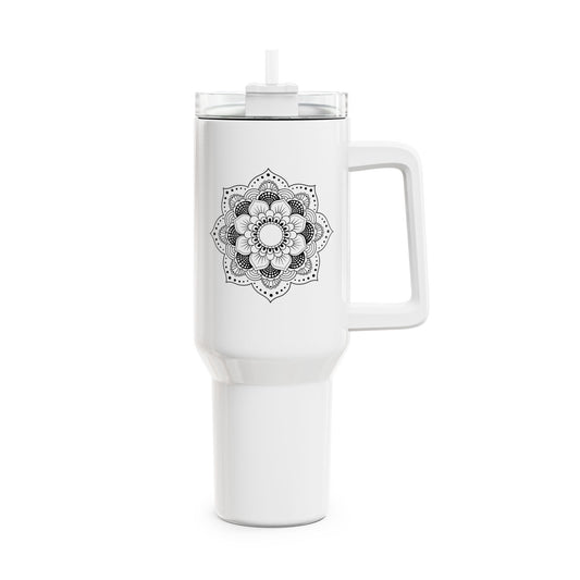 MANDALA BLUME KUNSTDRUCK HANDGEMALT • Tumbler mit Henkel & Strohhalm • XXL Reisebecher 1,2L