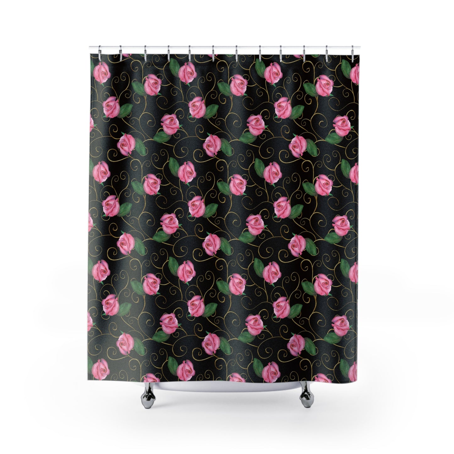 ROSEN ROSA BLUMENMUSTER • Hochwertiger, Schöner Duschvorhang 180x200 cm Schwarz