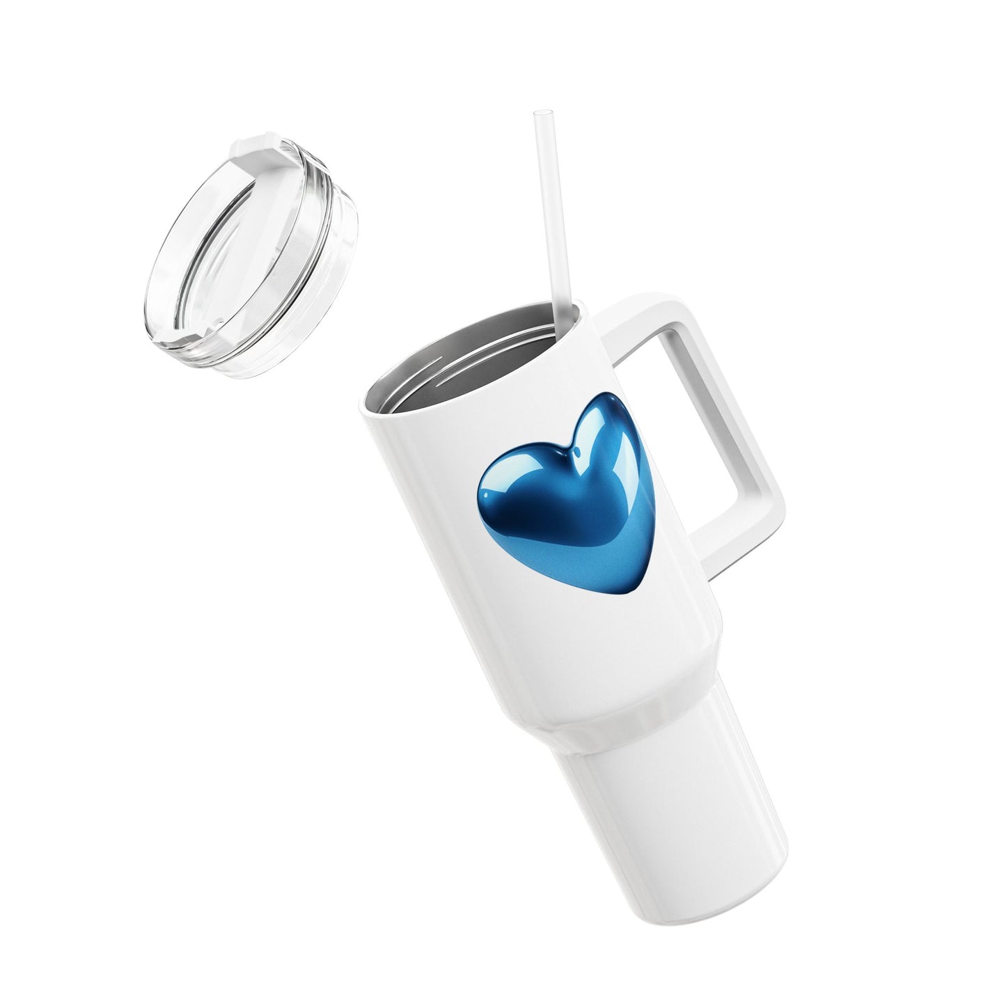 BLAUES HERZ GLÄNZEN 3D ILLUSION • Tumbler mit Henkel & Strohhalm • XXL Reisebecher 1,2L
