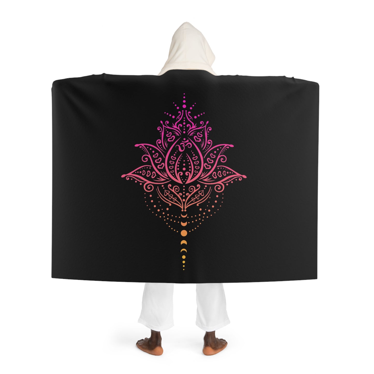 LOTUS BLÜTE MONDPHASEN PINK • Kapuzen Kuscheldecke Schwarz • Wohndecke Sherpa 130cm x 180cm